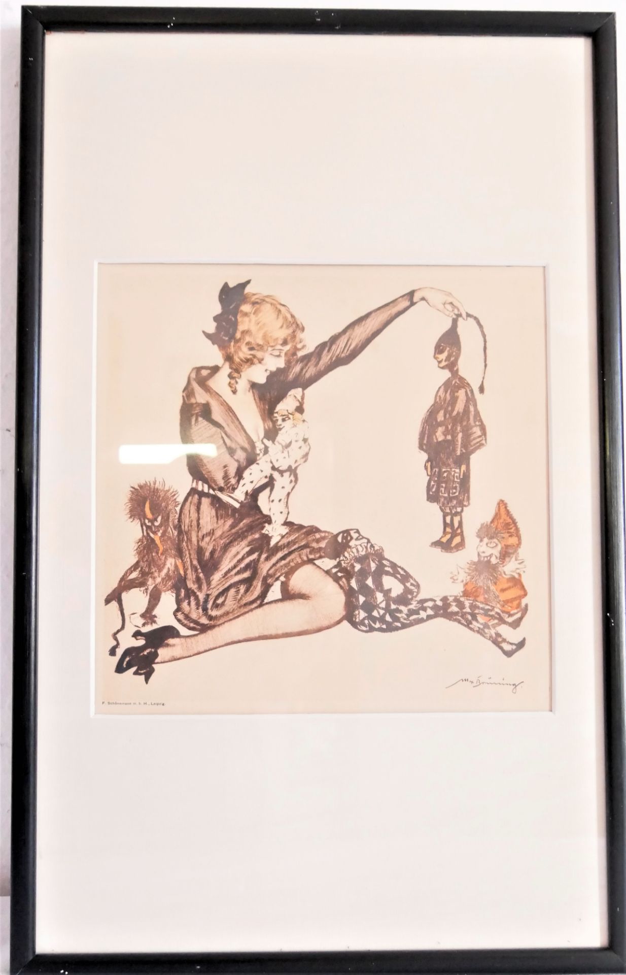 Max Brüning (1887-1968), Lichtdrucktafel "Junge Frau mit Puppen". Hinter Glas gerahmt. Blattgröße:
