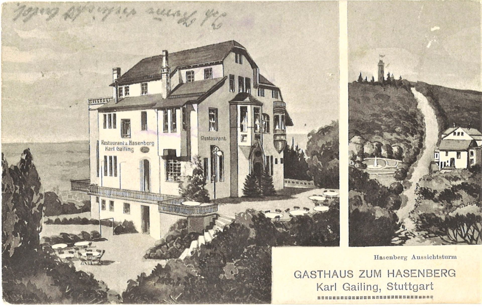 Postkarte "Gasthaus zum Hasenberg, Karl Gailing, Stuttgart", gelaufen 1916