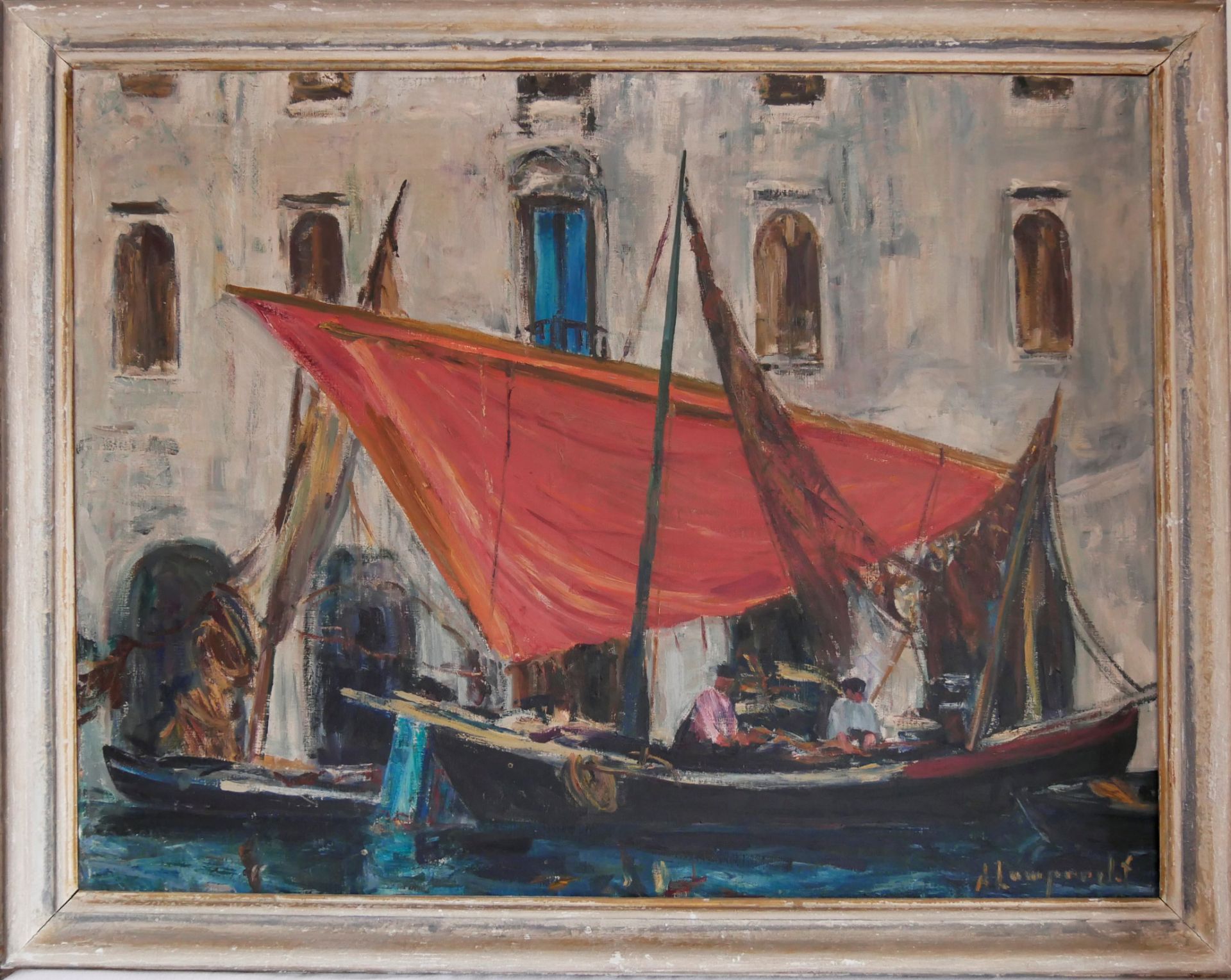 Anton Lamprecht (1901-1984), Ölgemälde auf Leinwand, "Venedig Lagune mit Booten", gerahmt, rechts
