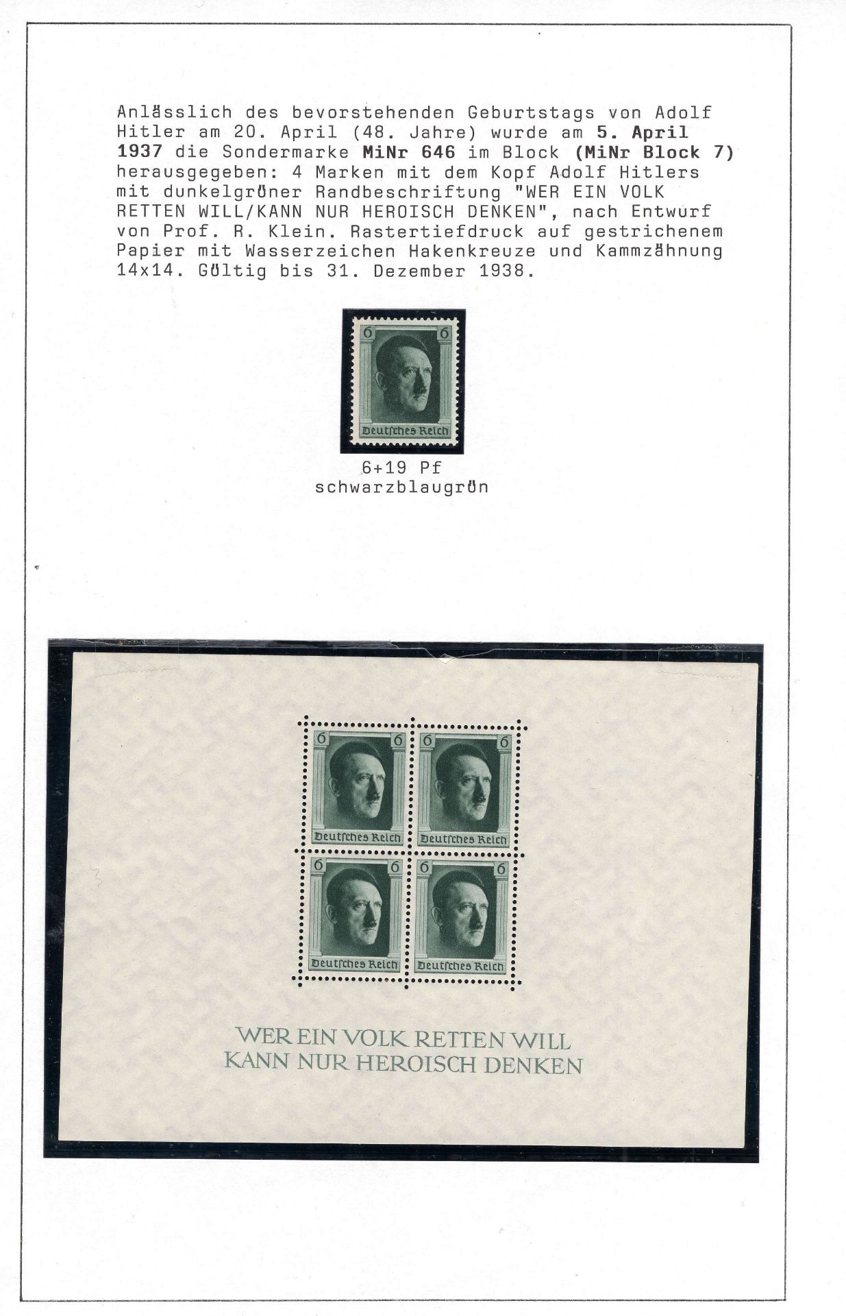 Deutsches Reich, Blockausgabe 48. Geburtstag von Adolf Hitler, Einzelmarke und Block 7. Tadellose