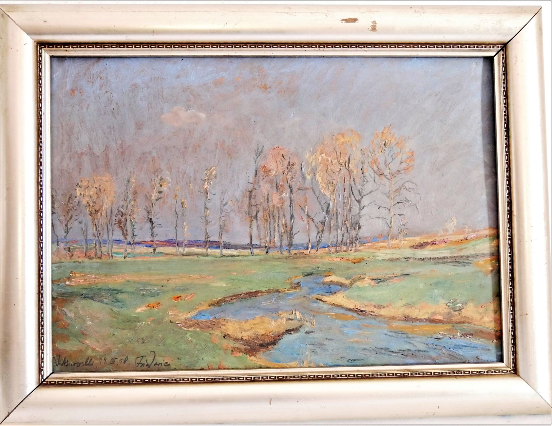 Walter Friederici (1874-1943), Ölgemälde auf Malkarton "Vorfrühling in Frankreich", links unten