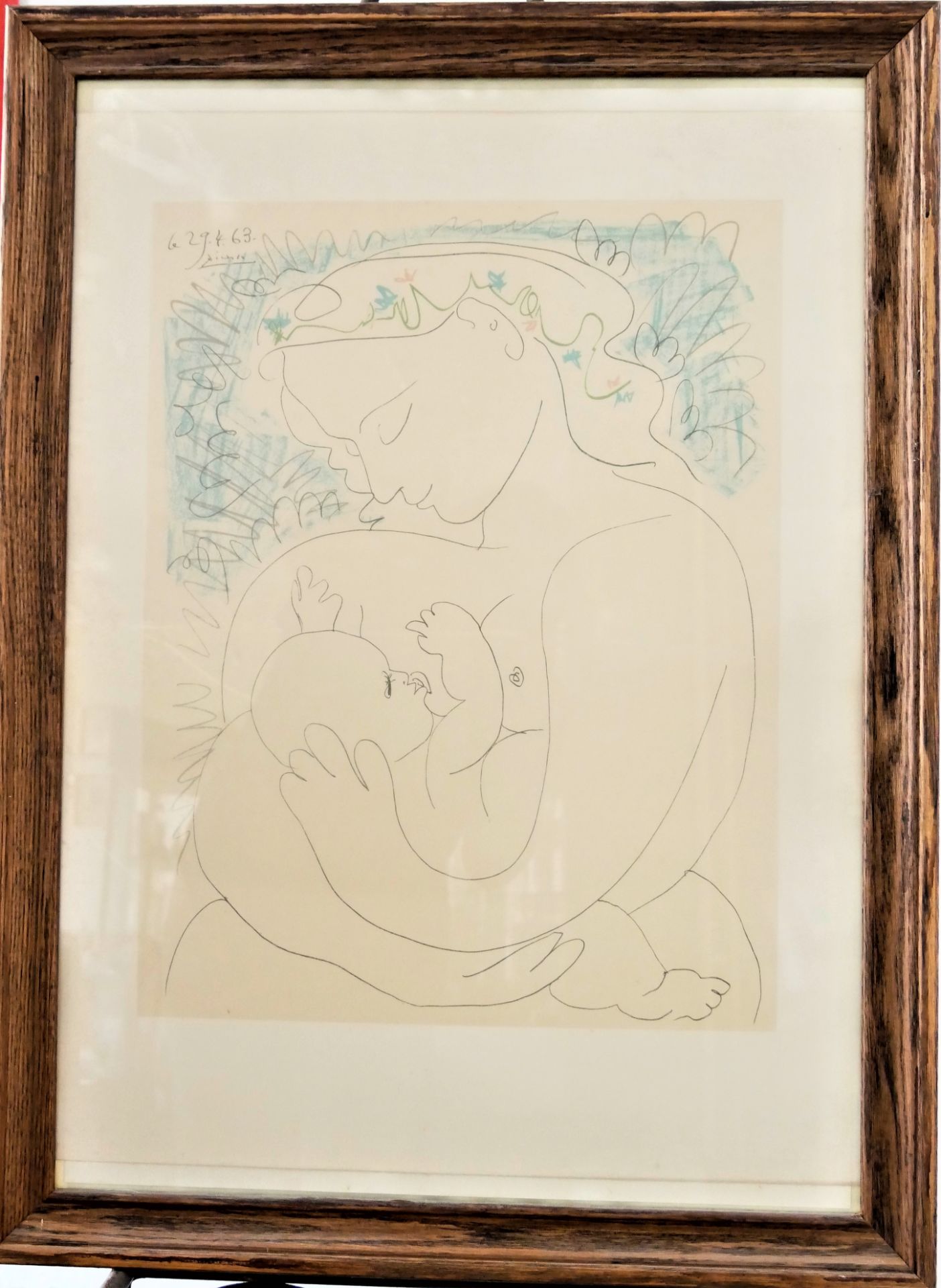 Pablo Picasso Lithographie 1963 "Frau mit Kind", hinter Glas gerahmt. Im Druck signiert 29.4.63,