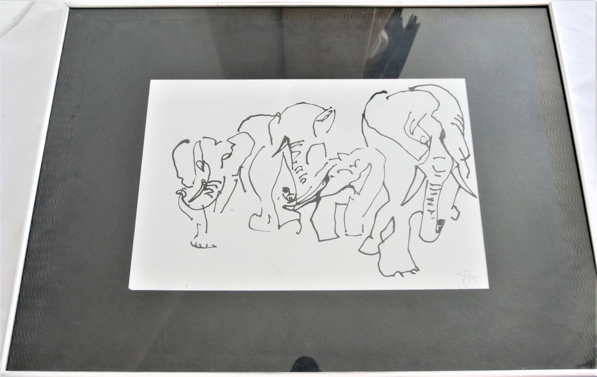 unbekannter Künstler, Monogramm Filzstift, "Elefanten". Hinter Glas gerahmt. Rechts unten