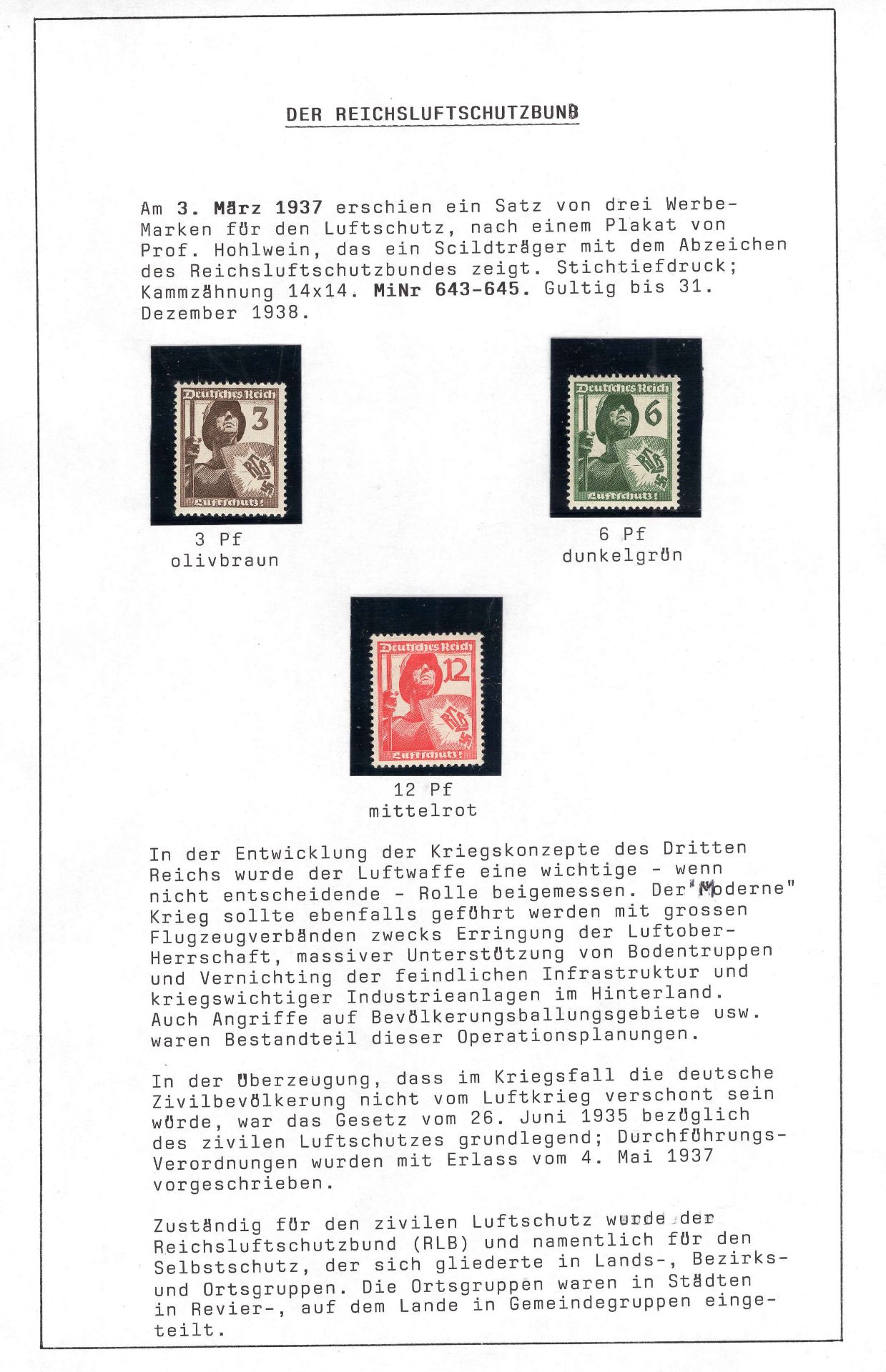 Deutsches Reich 1937, Mi. - Nr. 643 - 645, Reichsluftschutzbund. In tadelloser postfrischer