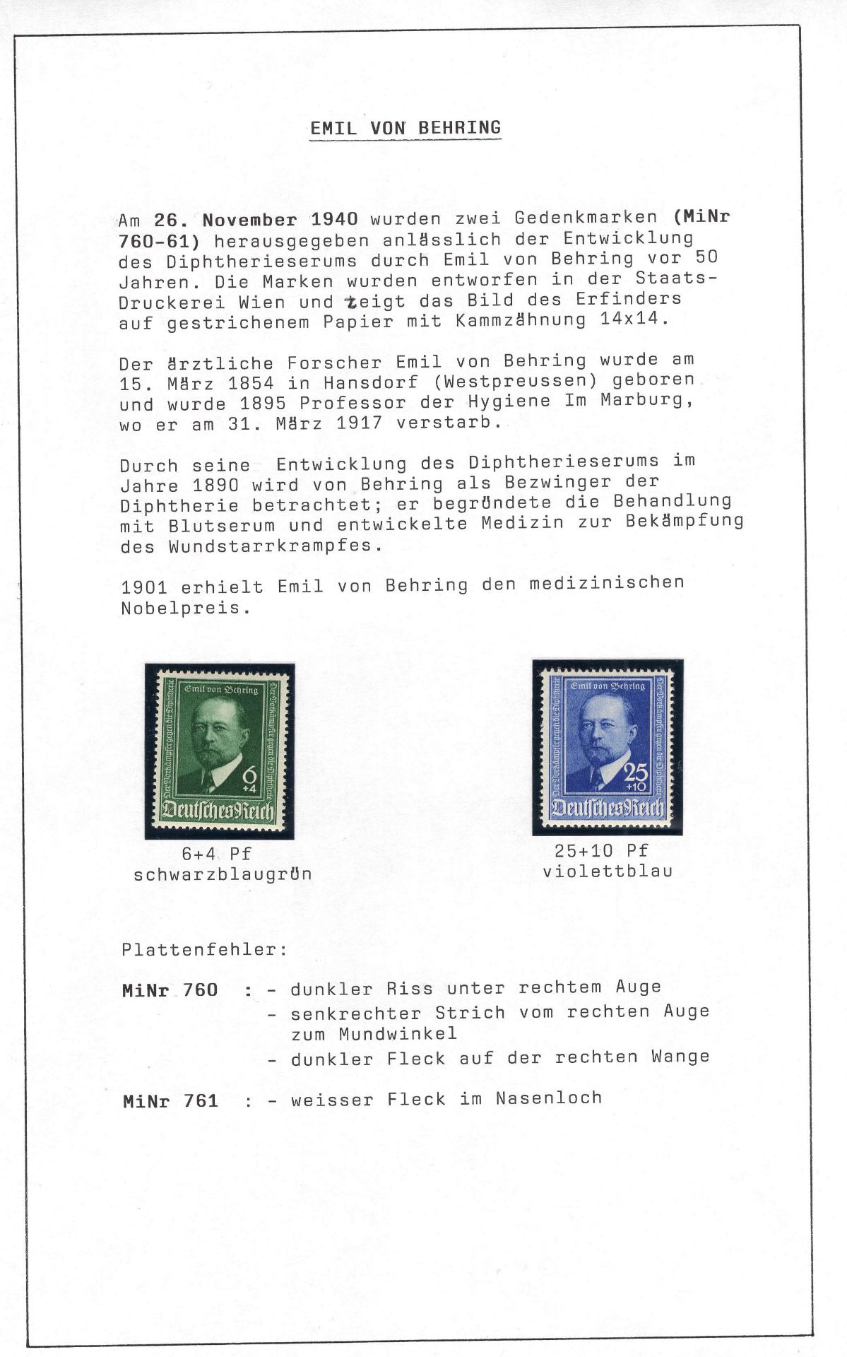 Deutsches Reich 1940, Mi. - Nr. 760/61, Emil von Behring. In tadelloser postfrischer Erhaltung.