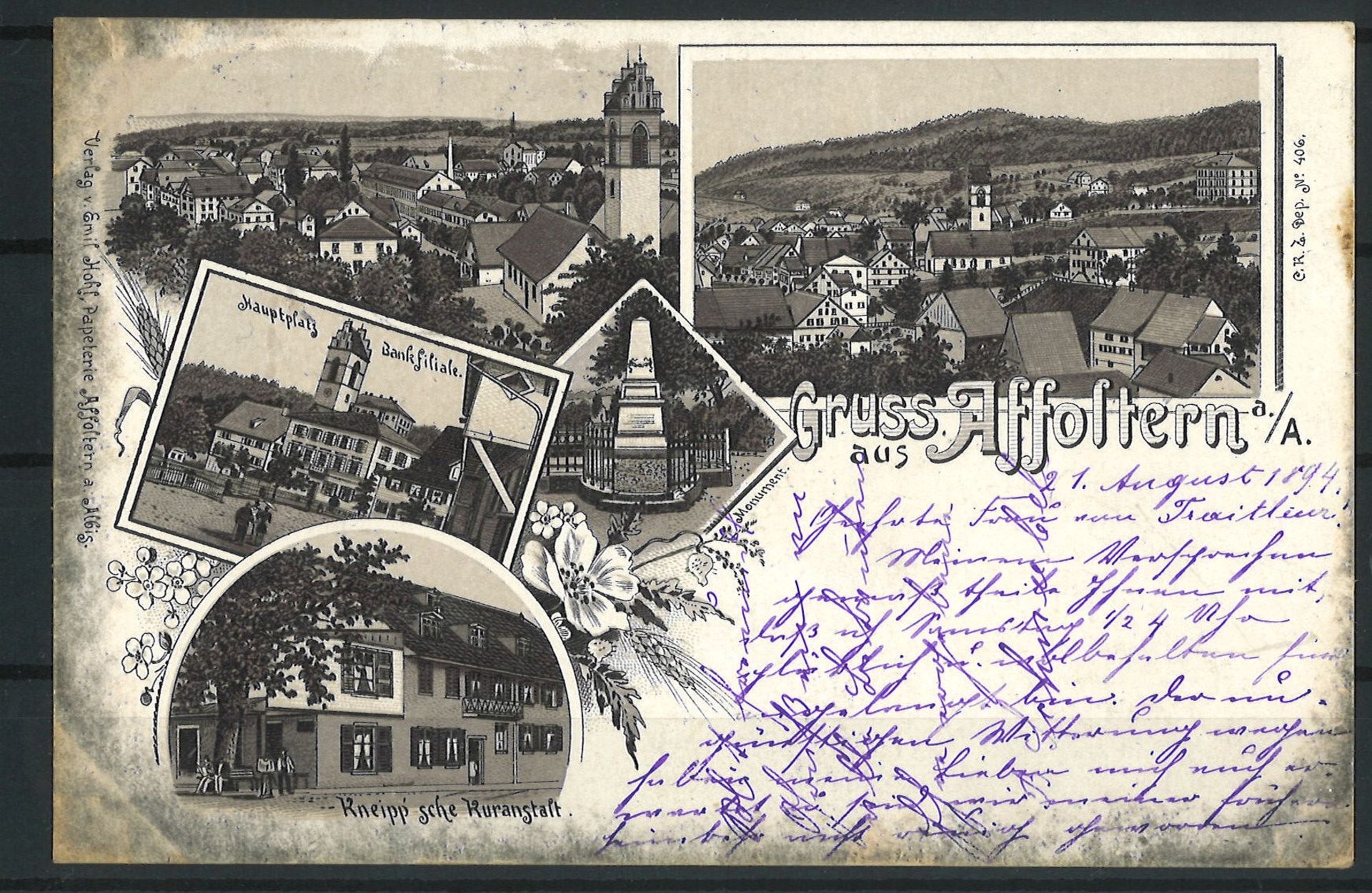 Schweiz 1894, AK "Gruss aus Affoltern a./A." Gelaufen. Mit Mehrfach - Abstempelung.