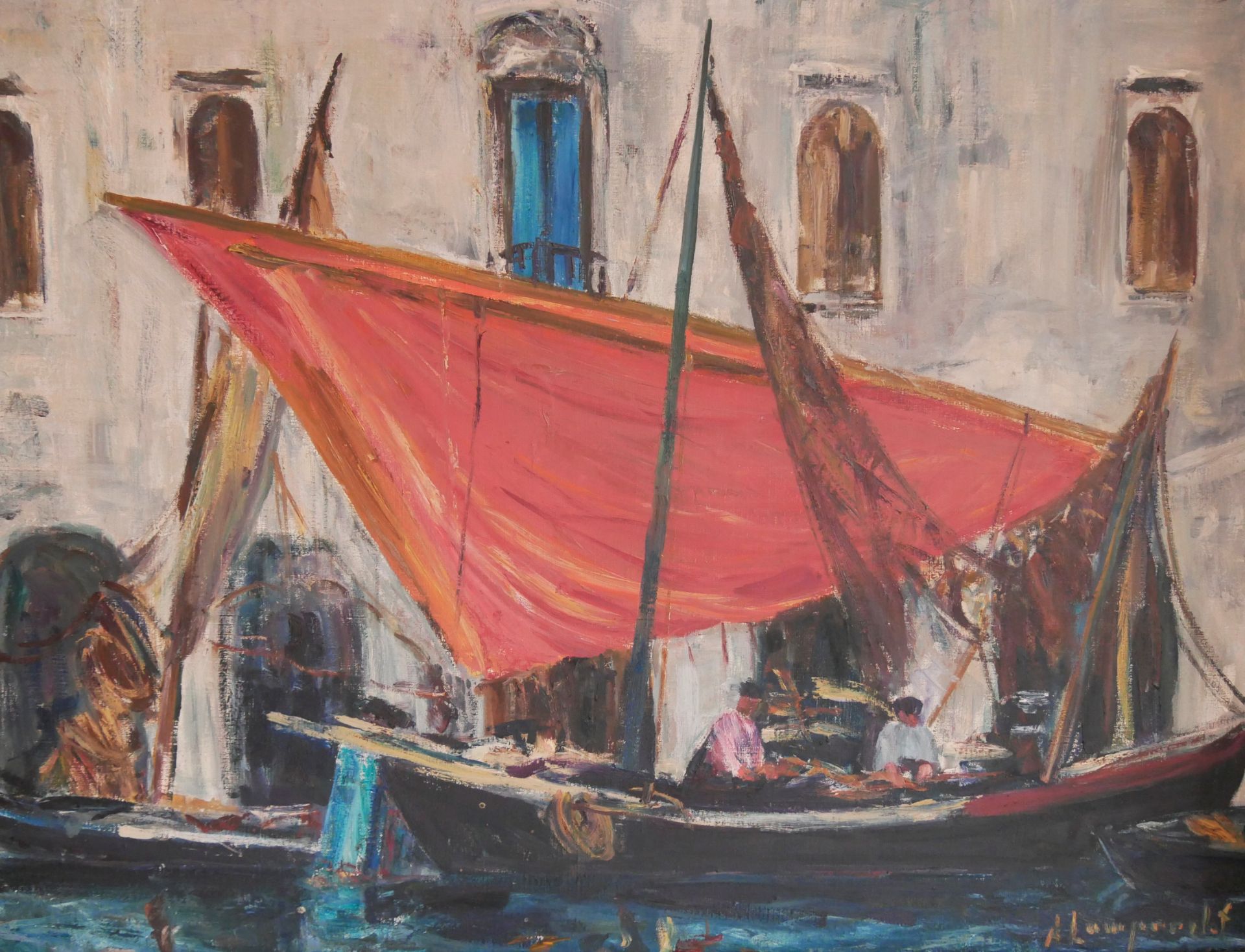 Anton Lamprecht (1901-1984), Ölgemälde auf Leinwand, "Venedig Lagune mit Booten", gerahmt, rechts - Image 2 of 3