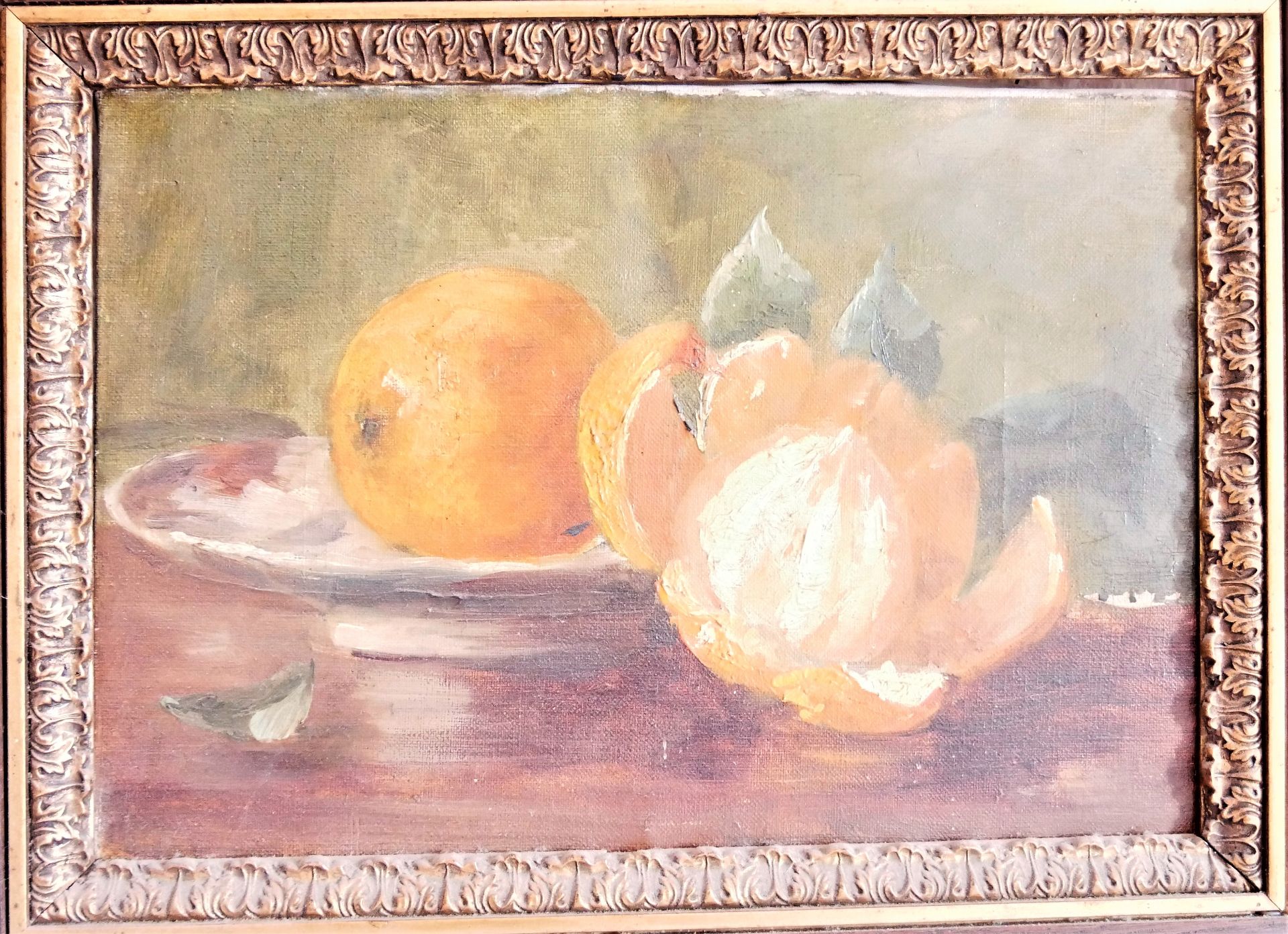 unbekannter Künstler Ölgemälde auf Leinwand "Früchtestilleben Orangen", im altem Rahmen. Maße: - Image 2 of 2