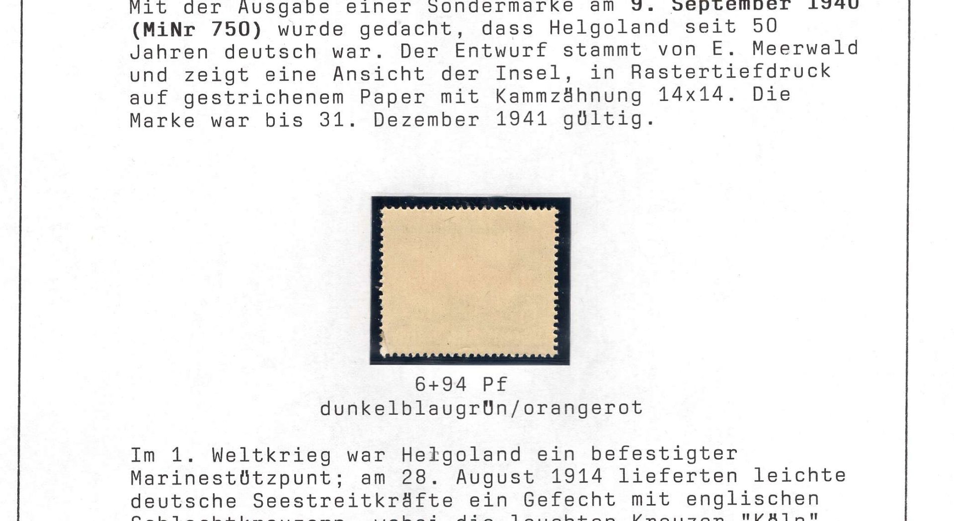 Deutsches Reich 1940, Mi. - Nr. 750, Helgoland. In tadelloser postfrischer Erhaltung. - Image 2 of 2