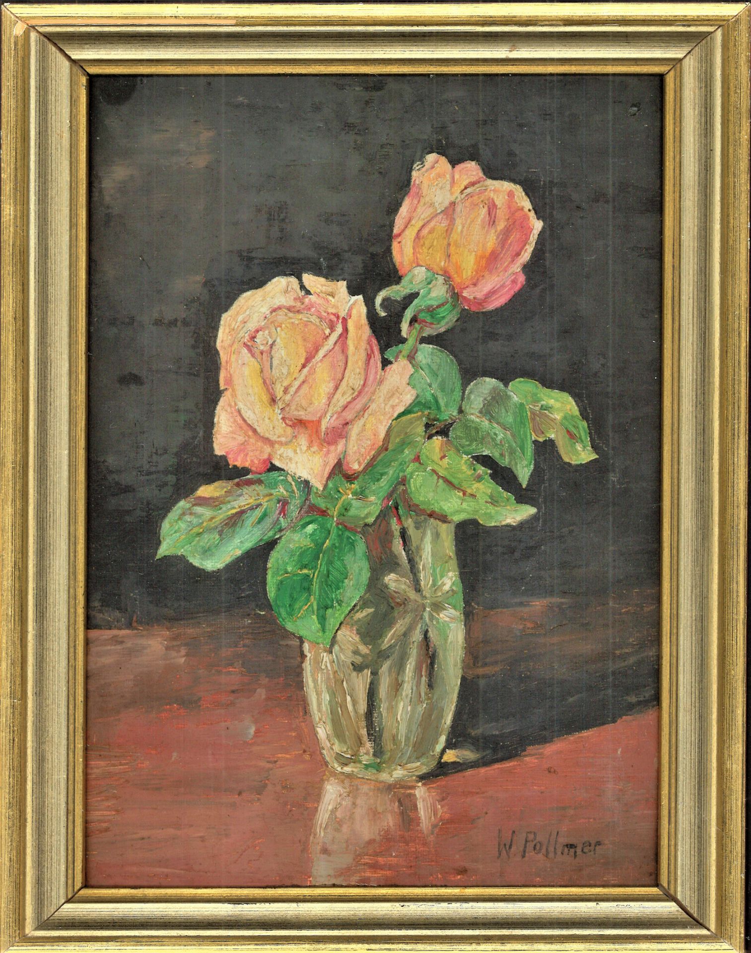 W. Pollmer, Ölgemälde auf Platte "2 Rosen in einer Vase", rechts unten Signatur W. Pollmer, Rahmen