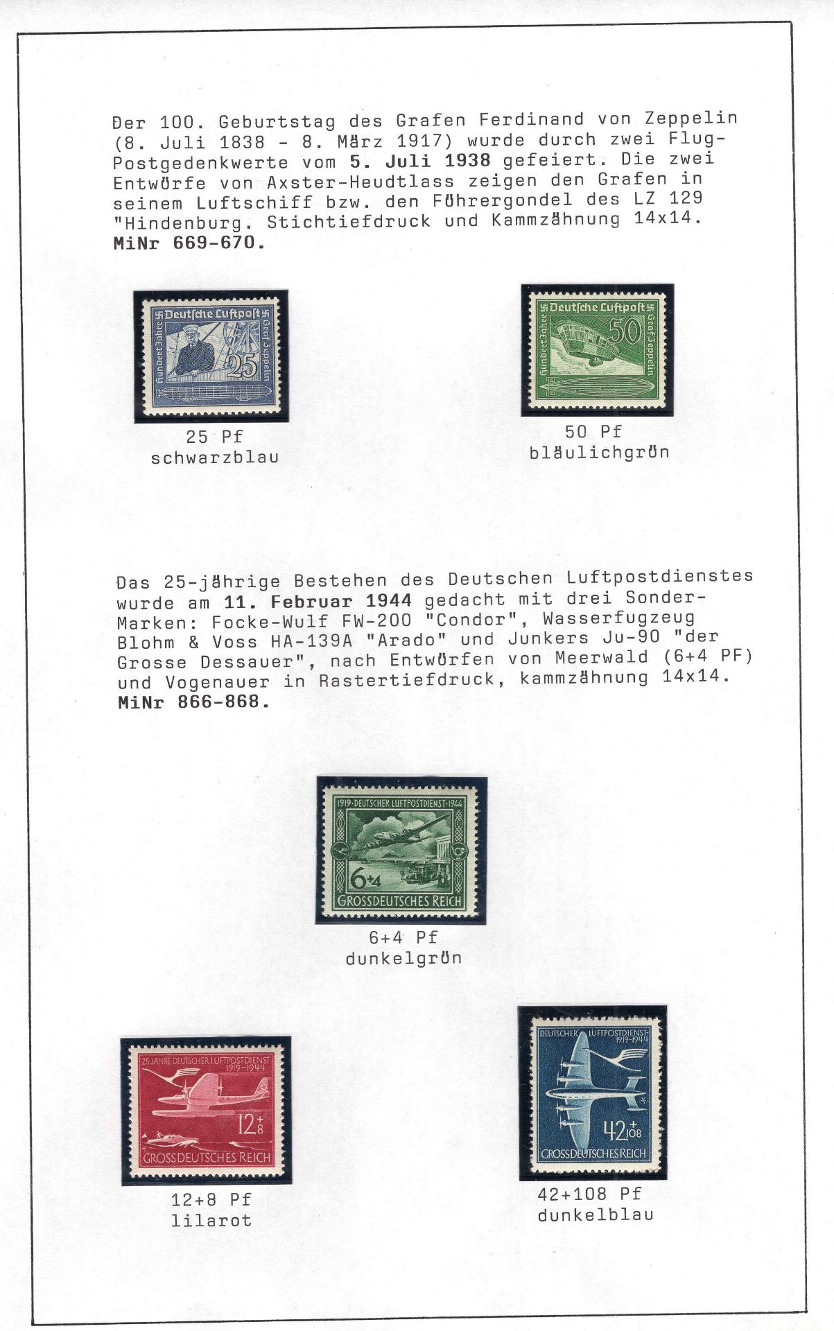 Deutsches Reich 1938/44, Mi. - Nr. 669/70, 866/68, Zeppelin und Luftpostdienst. In tadelloser