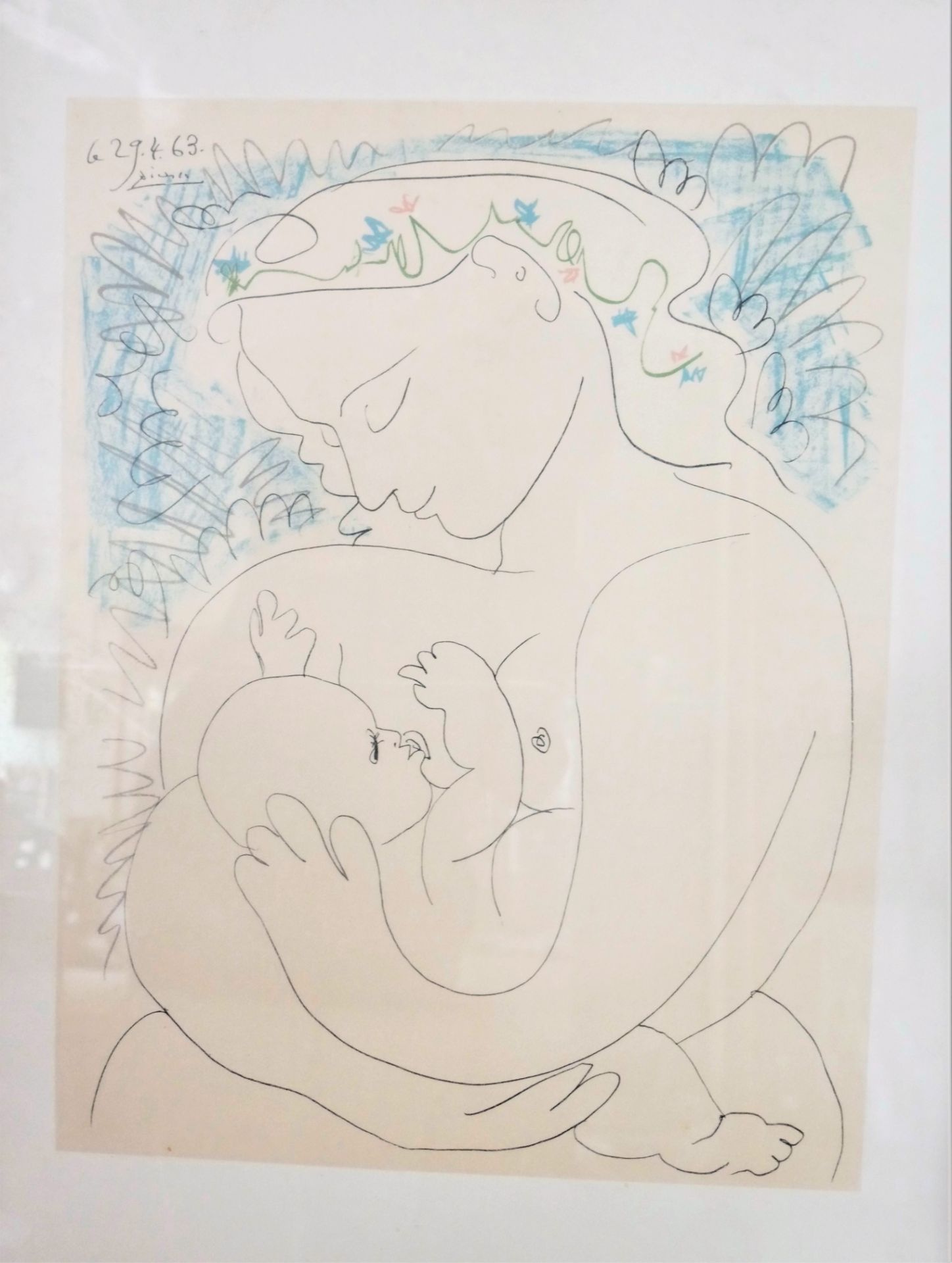 Pablo Picasso Lithographie 1963 "Frau mit Kind", hinter Glas gerahmt. Im Druck signiert 29.4.63, - Image 2 of 3