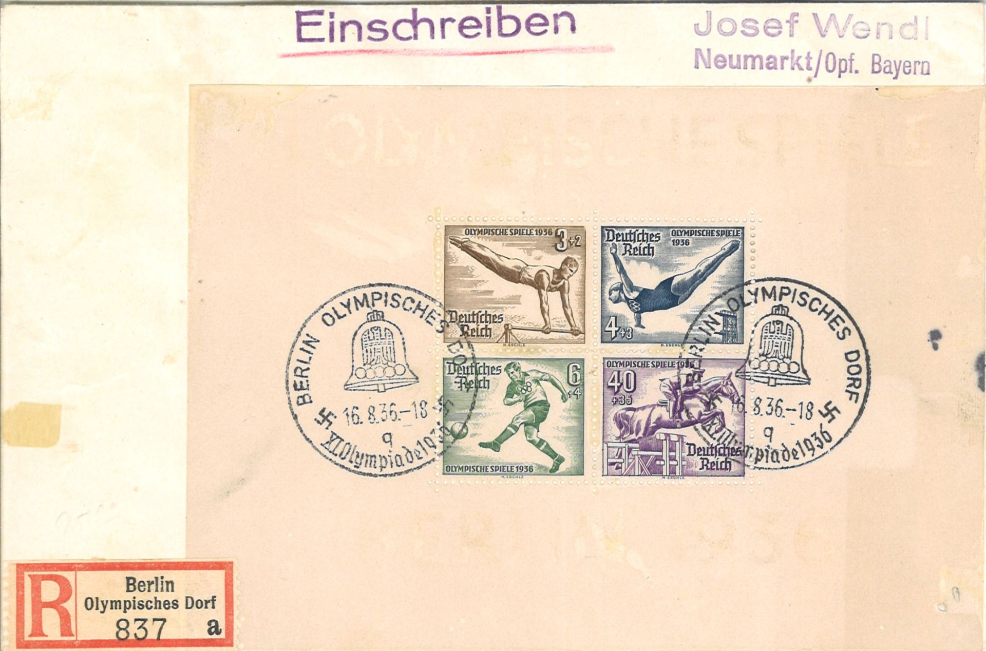 Deutsches Reich, Sonder R - Brief Berlin (Groß) - Olympisches Dorf "a" mit Block 5 frankiert,