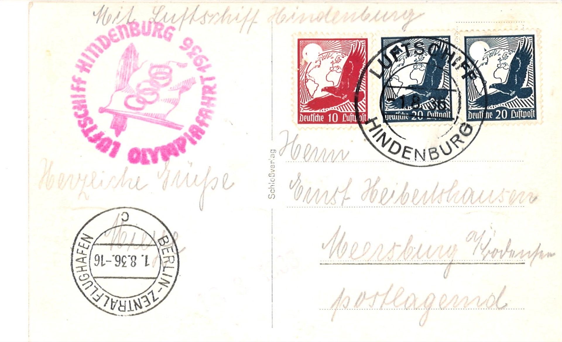 Zeppelin Olympiafahrt Bordpost mit Flugpostmarken frankiert. Sieger 427.