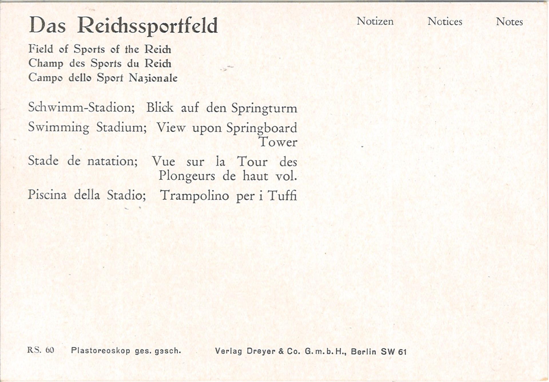 Olympiade 1936, 3D - Postkarte (Plastereoskop), Verlag Dreyer, "Schwimm - Stadion - Blick auf den - Image 2 of 2