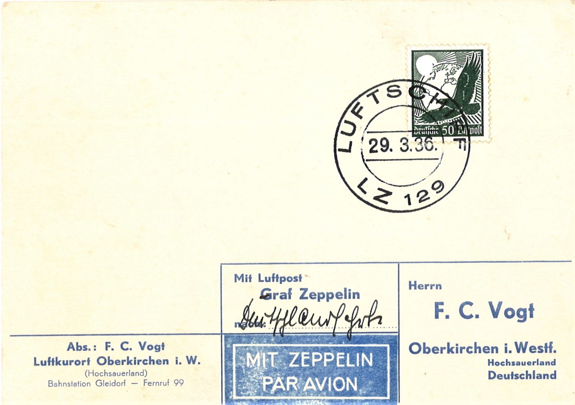 Zeppelinkarte, Bordpost der Deutschlandfahrt mit EF Flugpostmarke 50 Pfennig. Sieger 402 B