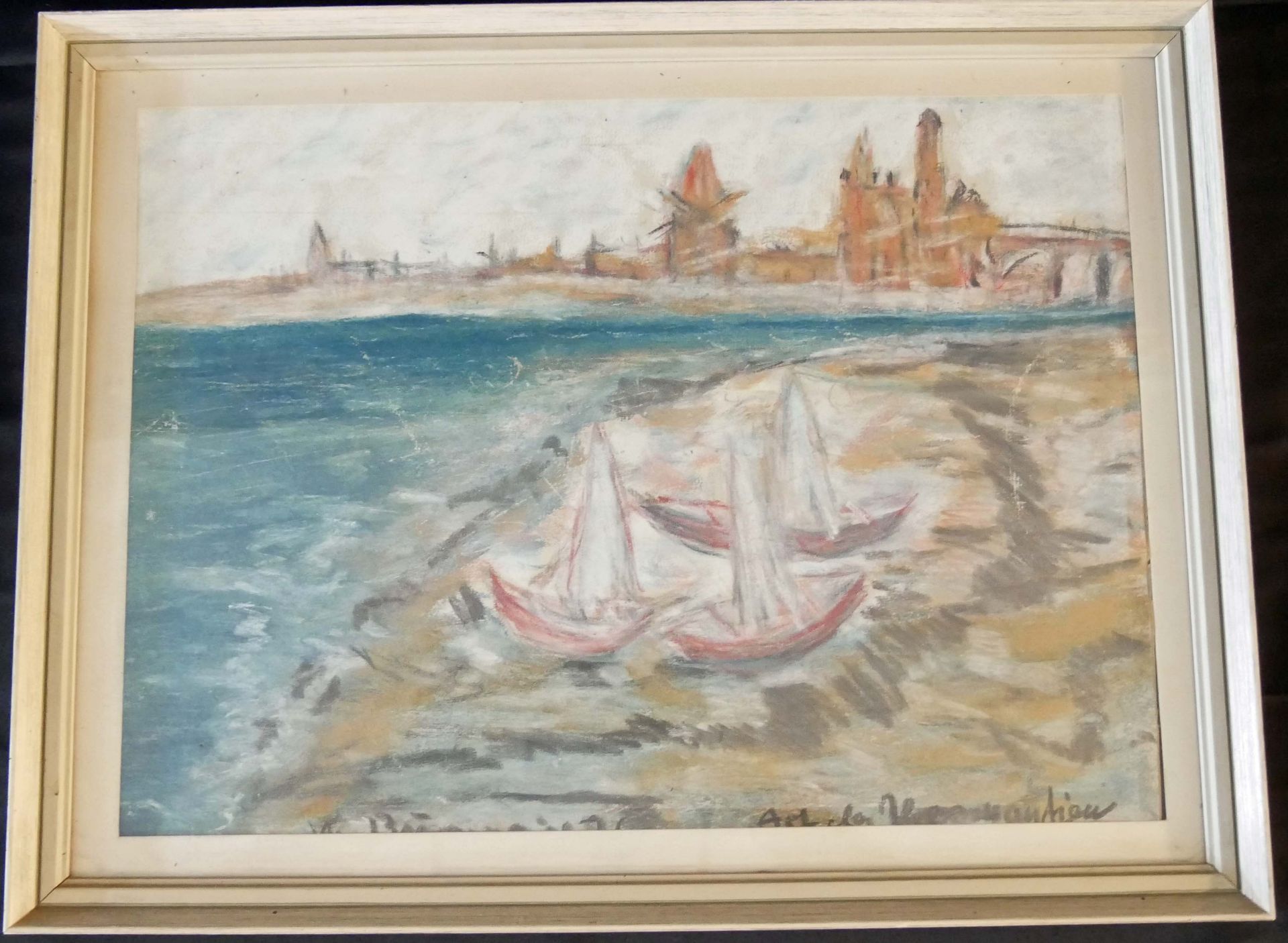 Wolfgang Burgmaier (Burgmair), Gouche / Aquarell auf Papier "Boote an der Küste", links unten