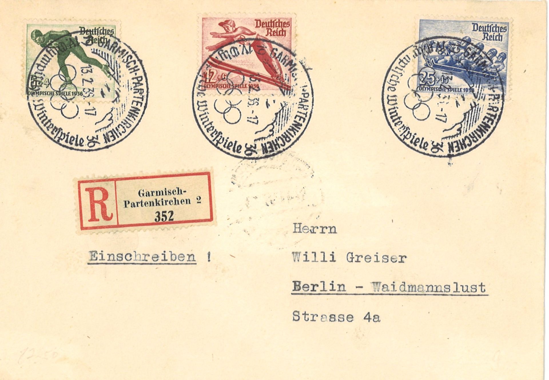 Deutsches Reich, R - Brief GA PA 2 mit Sonderstempel und Satz Olympia - Wintermarken Mi. - Nr. 600/