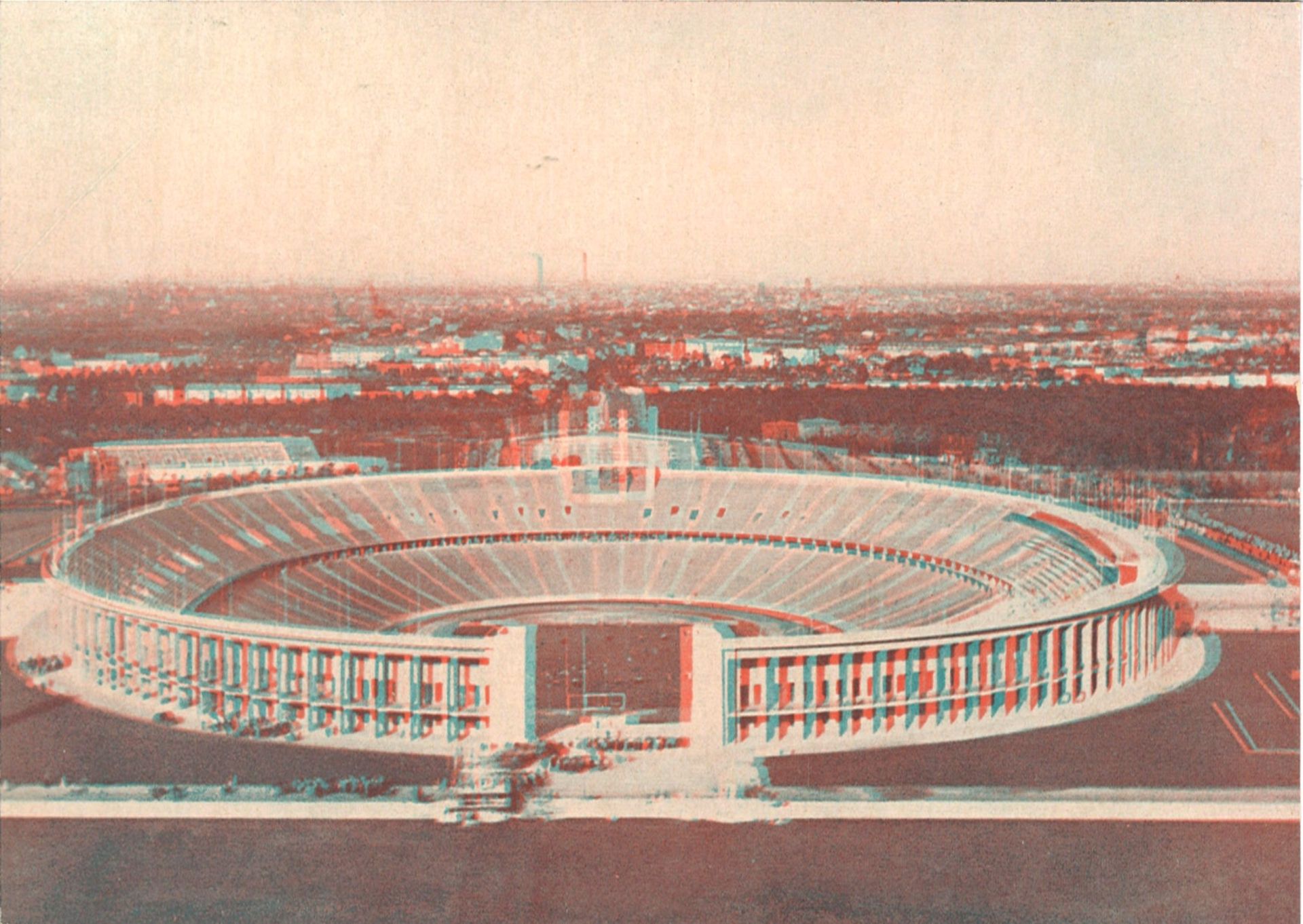 Olympiade 1936, 3D - Postkarte (Plastereoskop), Verlag Dreyer, Olympia - Stadion vom Glockenturm