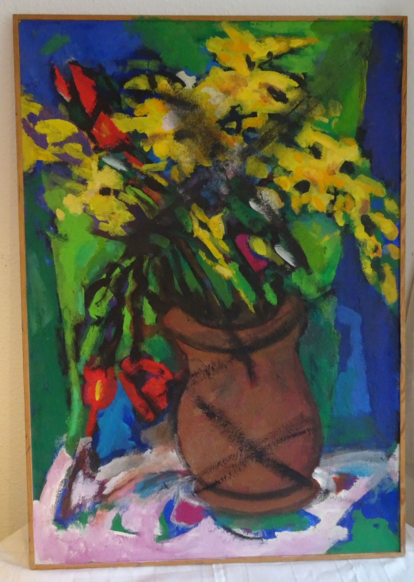 wohl Luis Baur (1919-1975), Sand/Öl auf Platte, "Braune Vase mit gelben Blumen". Maße: Höhe ca.