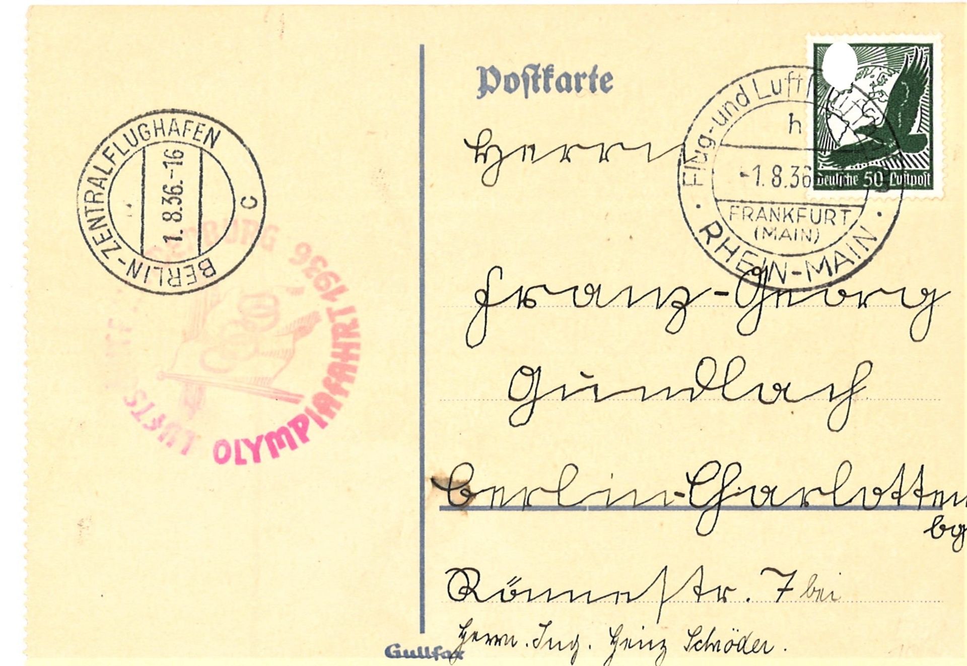 Olympiafahrt Karte mit EF Flugpost 50 Pfennig, Flugstempel "h" Ank. St. "c". Sieger 427 B