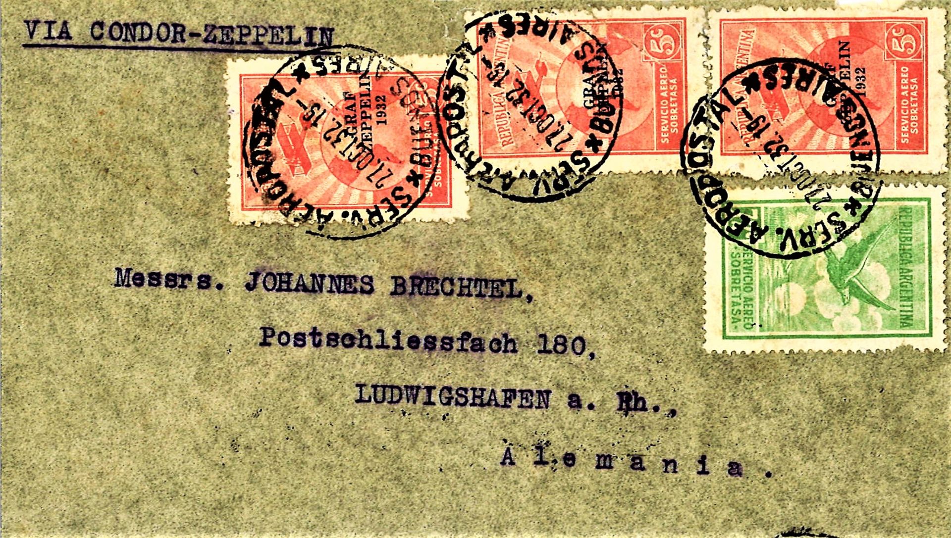 Zeppelinbrief, 9. Südamerikafahrt 1932, argentinische Post, mit Flug- und Zeppelinmarken