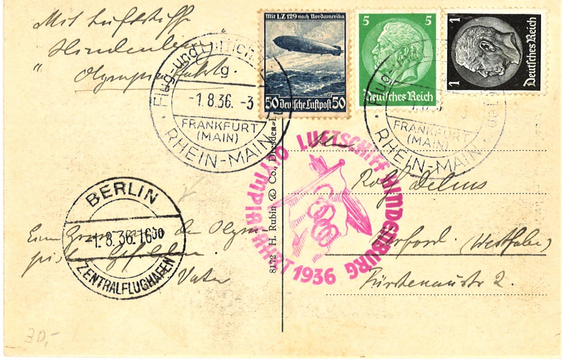 Olympiafahrt Karte mit u.a. MiF 50 Pfg Zeppelin, Flugstempel "g". Mit sehr seltenen