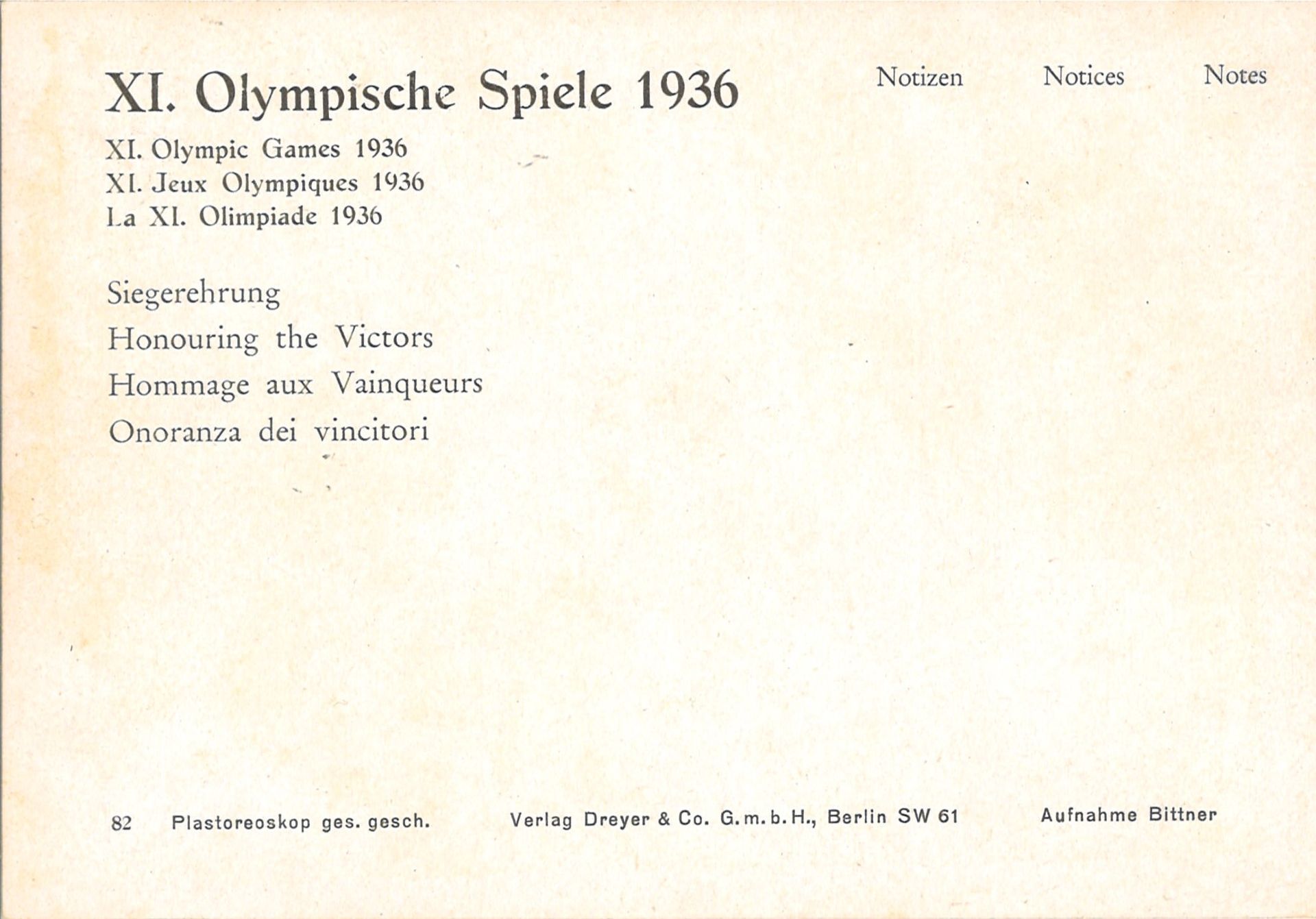 Olympiade 1936, 3D - Postkarte (Plastereoskop), Verlag Dreyer, "XI. Olympische Spiele 1936 - - Image 2 of 2