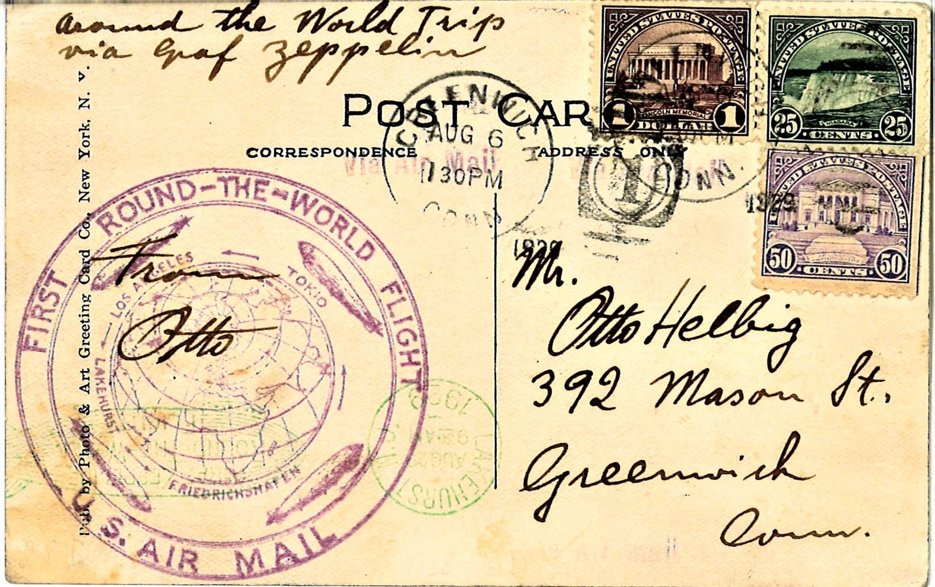 Zeppelinkarte Weltrundfahrt, amerikanische Post mit u.a. 1 Dollar, Sieger 28 D.