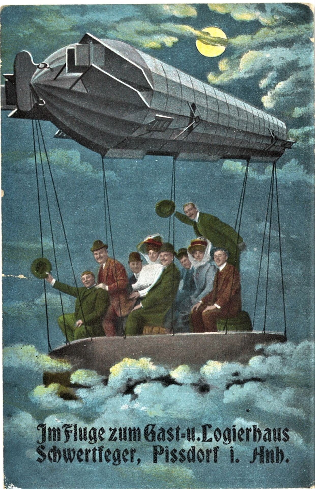 Zeppelin - Werbekarte "Im Flug zum Gast- u. Logierhaus Schwertfeger...".