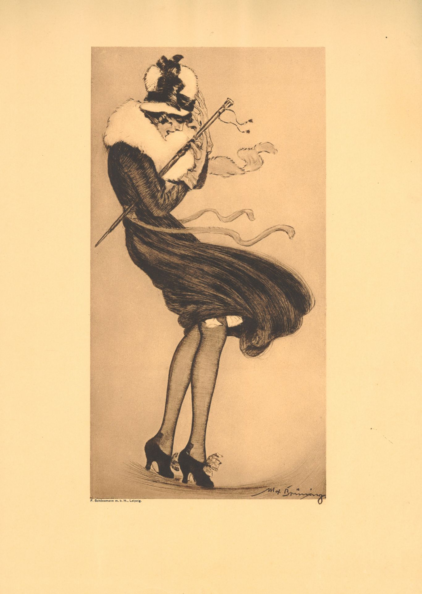 Max Brünning (1887-1968), Farbradierung "Mädchen im Sturm". Gesamtmaße des Blattes: Höhe ca. 48