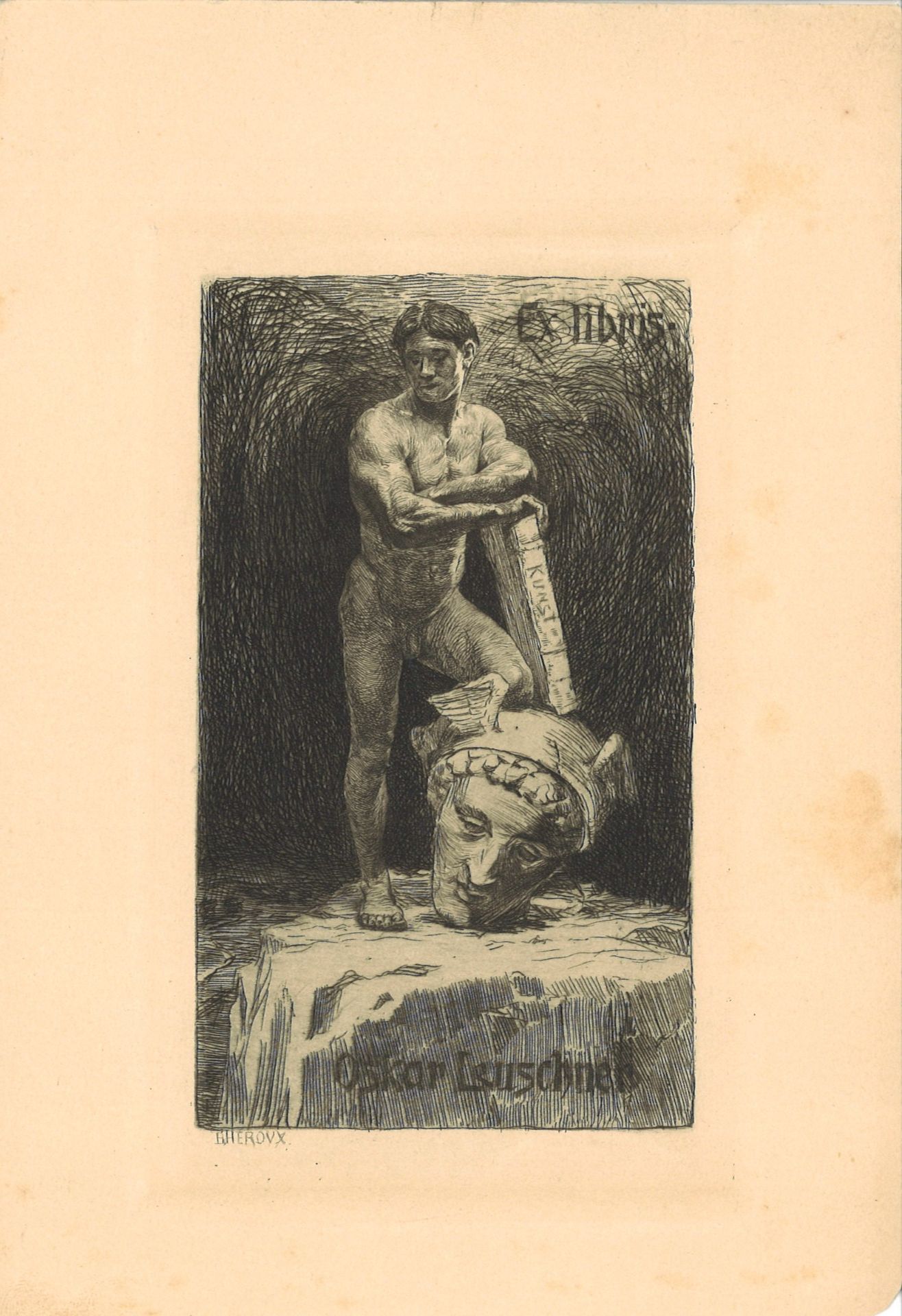Exlibris Oskar Leuschner "Jüngling der Kunst'" von B. Herovx. Blattgröße: Höhe ca. 20 cm, Breite ca.