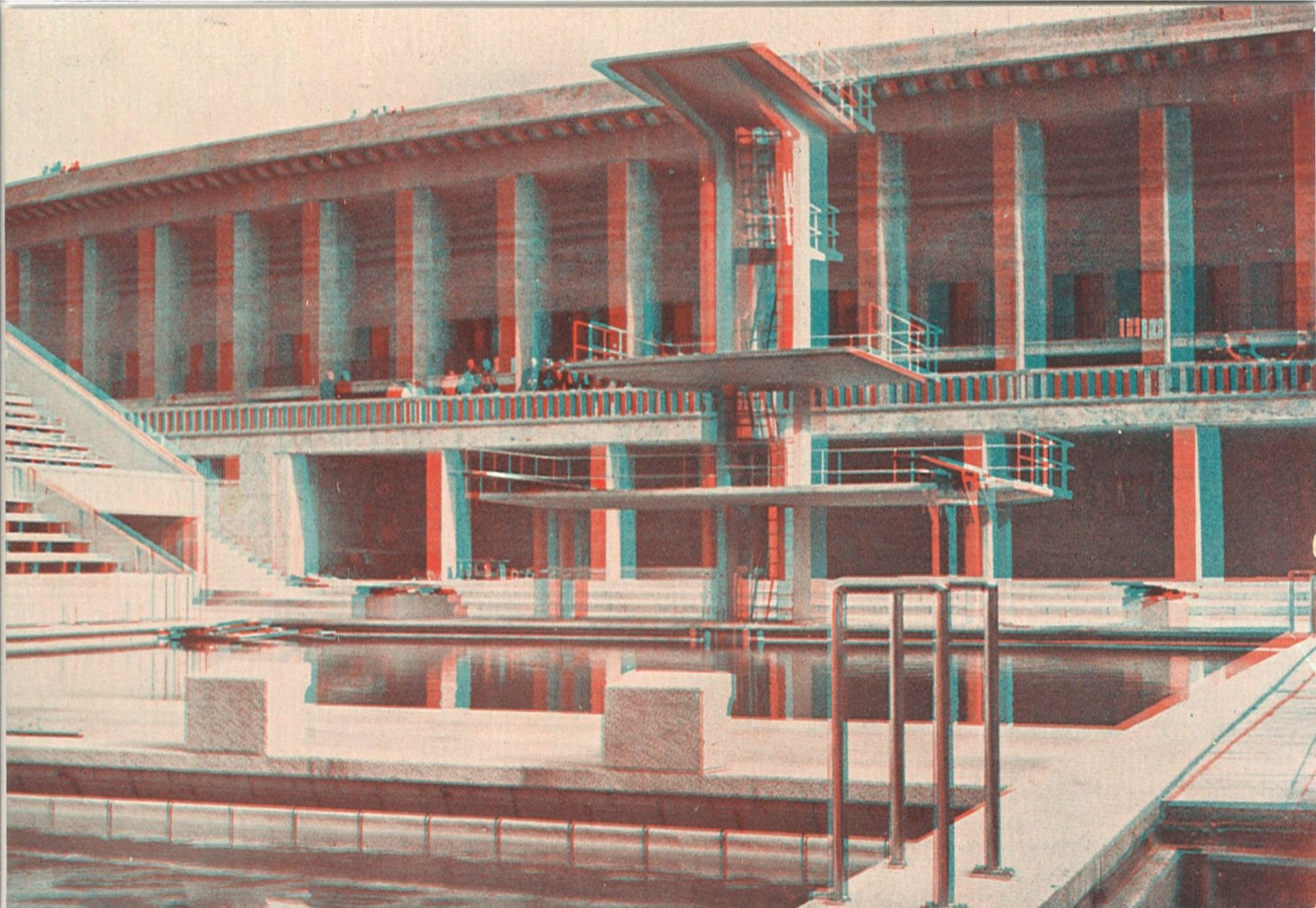 Olympiade 1936, 3D - Postkarte (Plastereoskop), Verlag Dreyer, "Schwimm - Stadion - Blick auf den