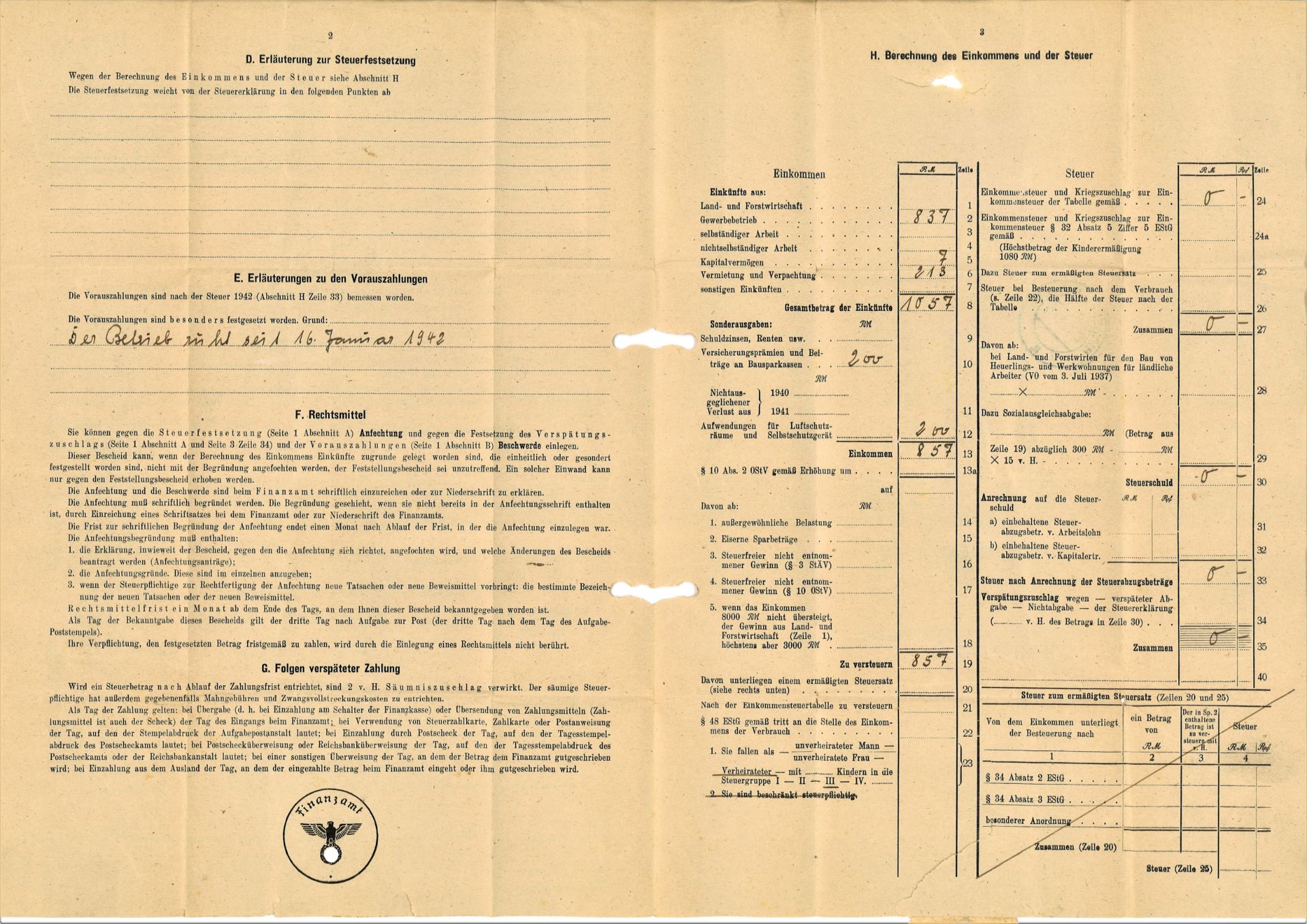 Deutsches Reich, Faltbrief von der Reichsfinanzverwaltung Birkenfeld/Nahe.