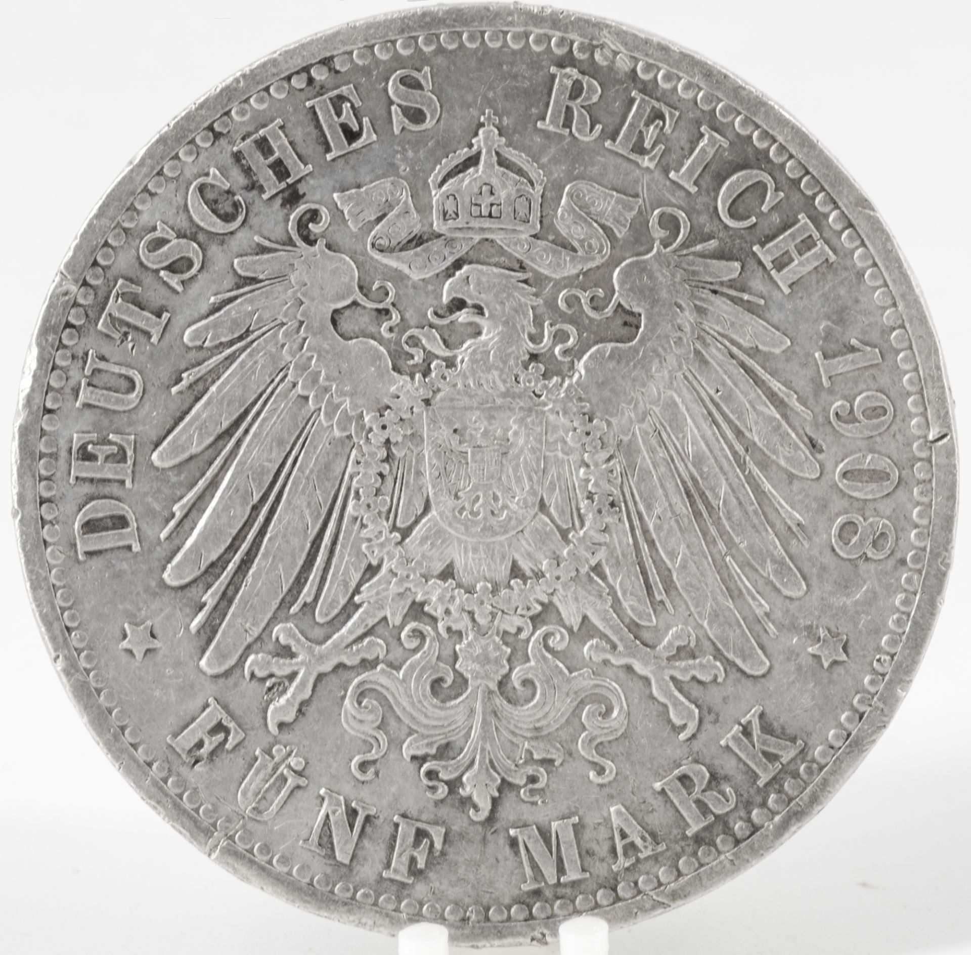 Deutsches Kaiserreich Preußen 1908 A, 5.- Mark - Silbermünze "Wilhelm II.", Jäger 104. Erhaltung: - Image 2 of 2