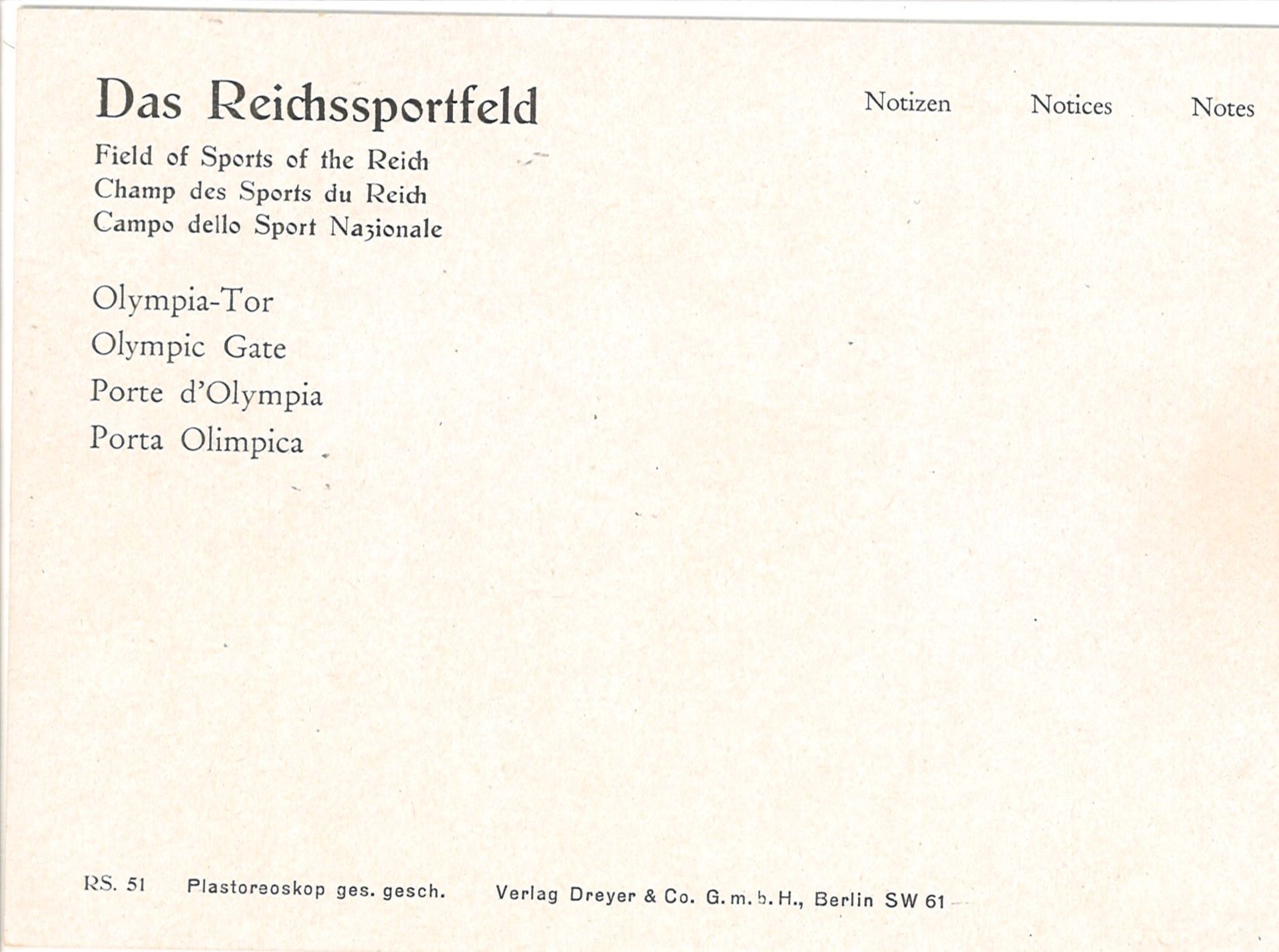 Olympiade 1936, 3D - Postkarte (Plastereoskop), Verlag Dreyer, "Das Reichssportfeld - Olympia - - Image 2 of 2