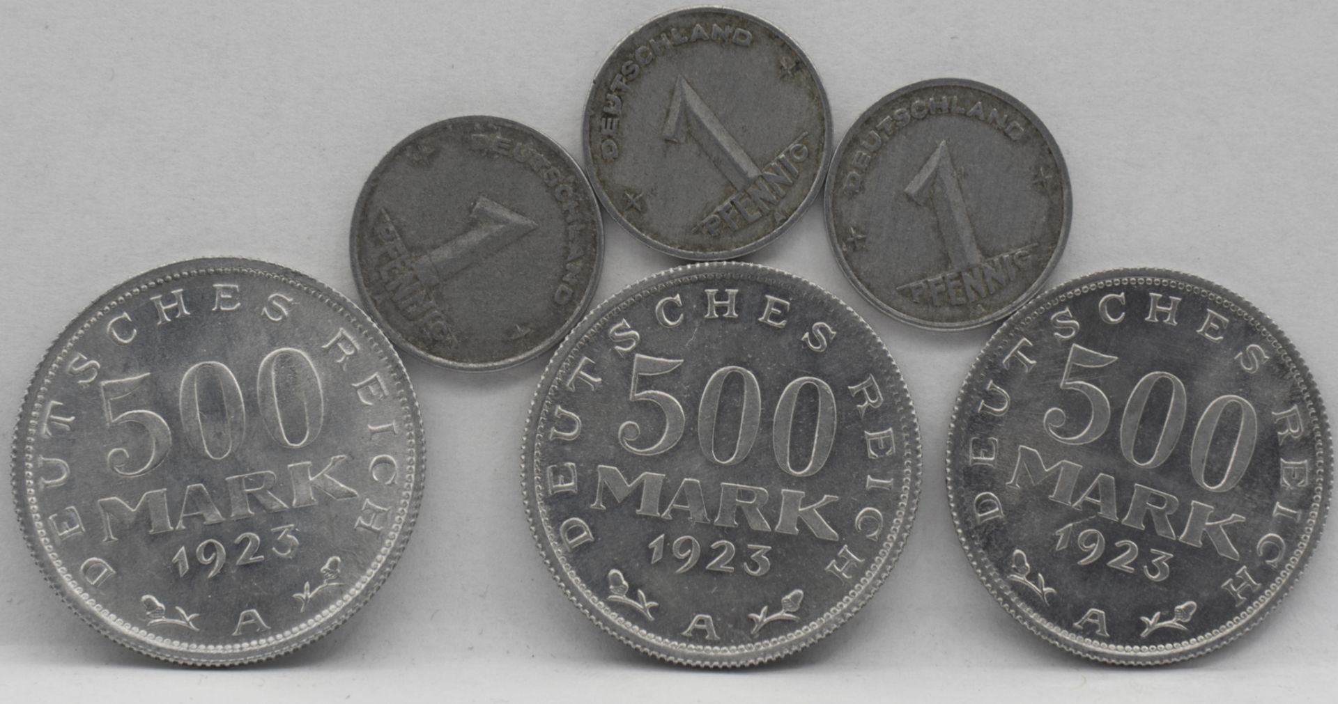 Deutsches Reich / DDR, Lot Münzen, dabei 3 x 1948 1 Pfennig und 3 x 1913 500 Mark.