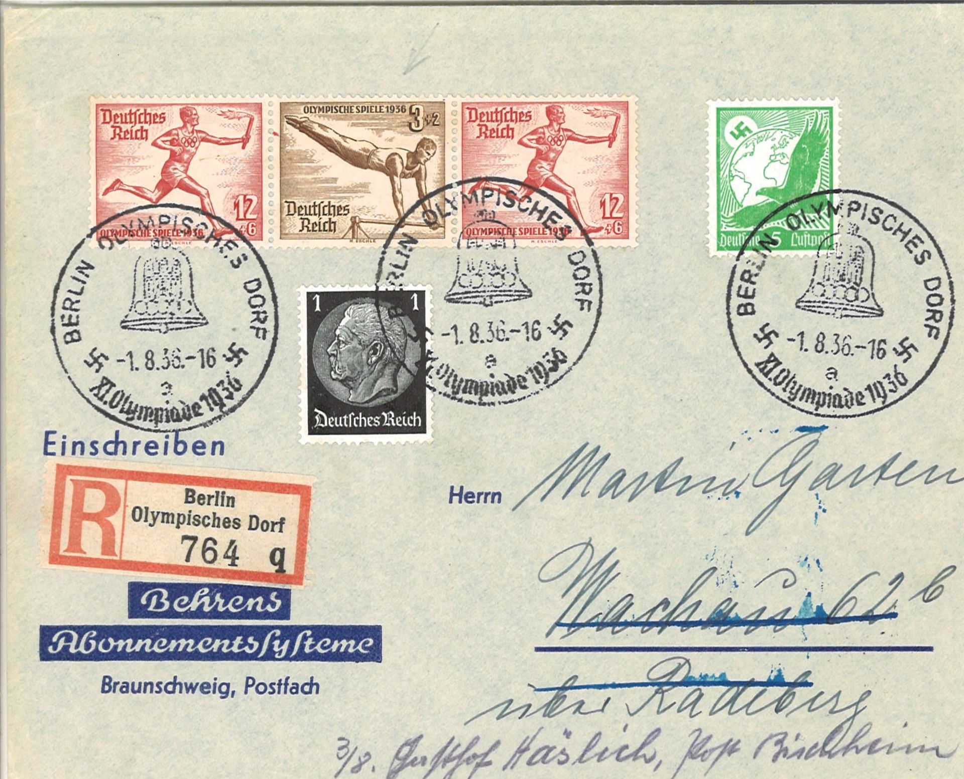 Deutsches Reich, R - Brief Berlin (Klein) Olympisches Dorf mit Olympia - Zsdr. W 110 und