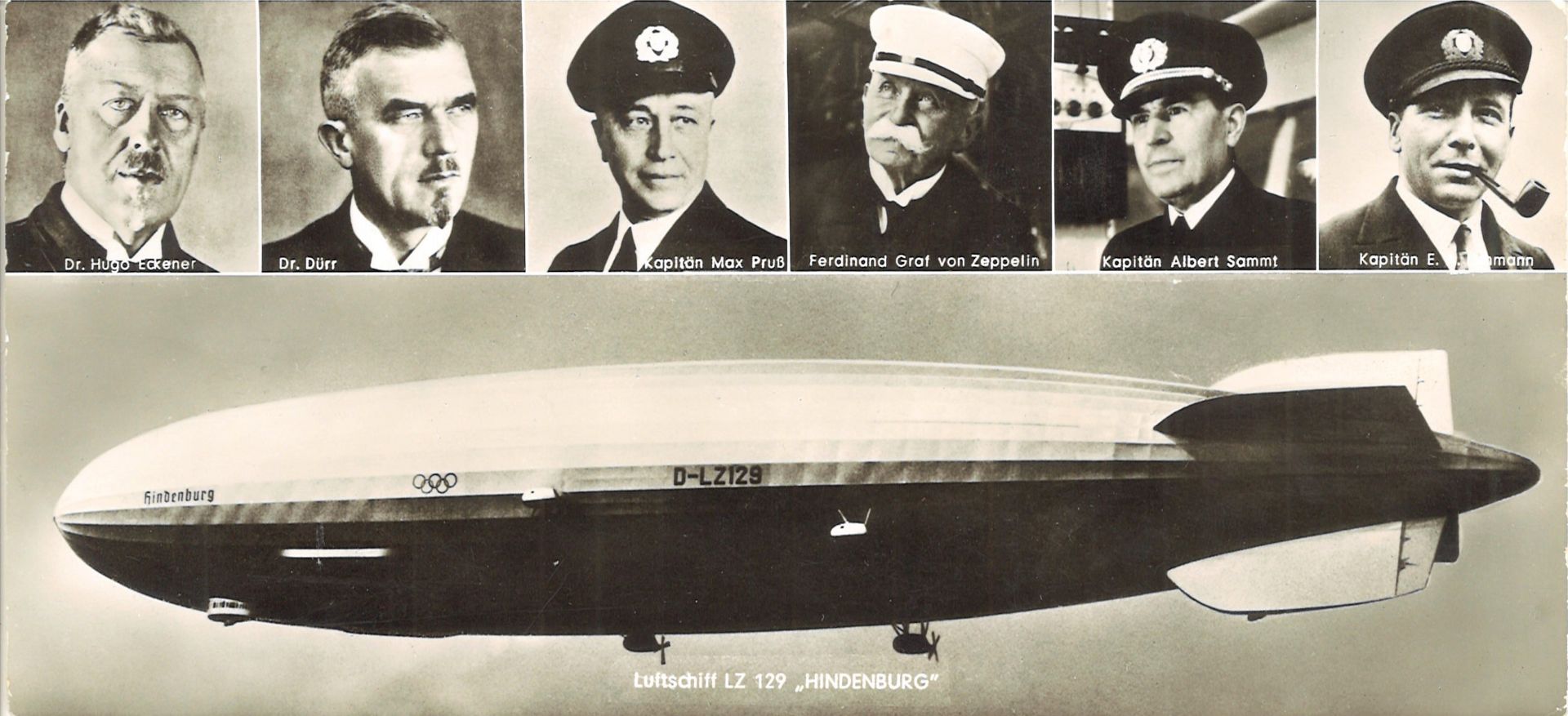 Zeppelin - Postkarte: Olymp. Luftschiff LZ 129 "Hindenburg" mit Bildern von den Kapitänen Dr. Hugo