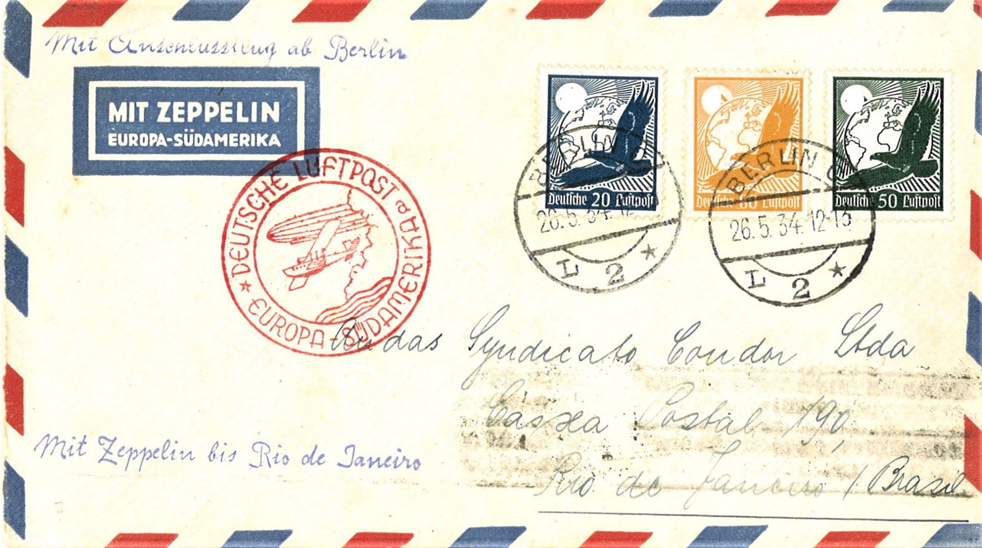 Zeppelinbrief 1. Südamerikafahrt ab Berlin (Anschluss - Flug), frankiert mit Flugpostmarken.