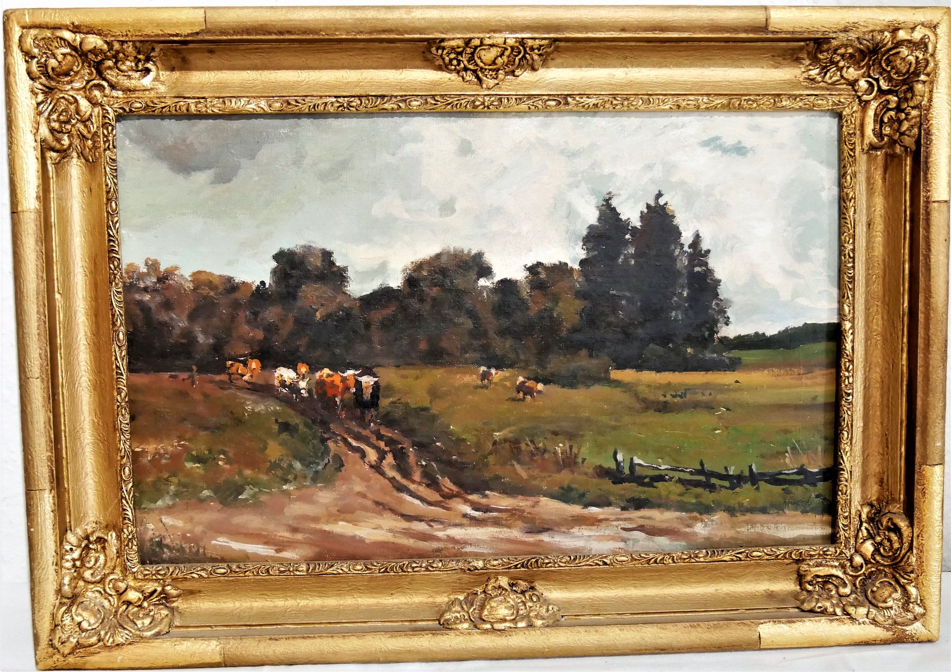 Nowicki, Ölgemälde auf Leinwand "Kühe auf dem Heimweg", rechts unten Signatur. Im goldenen