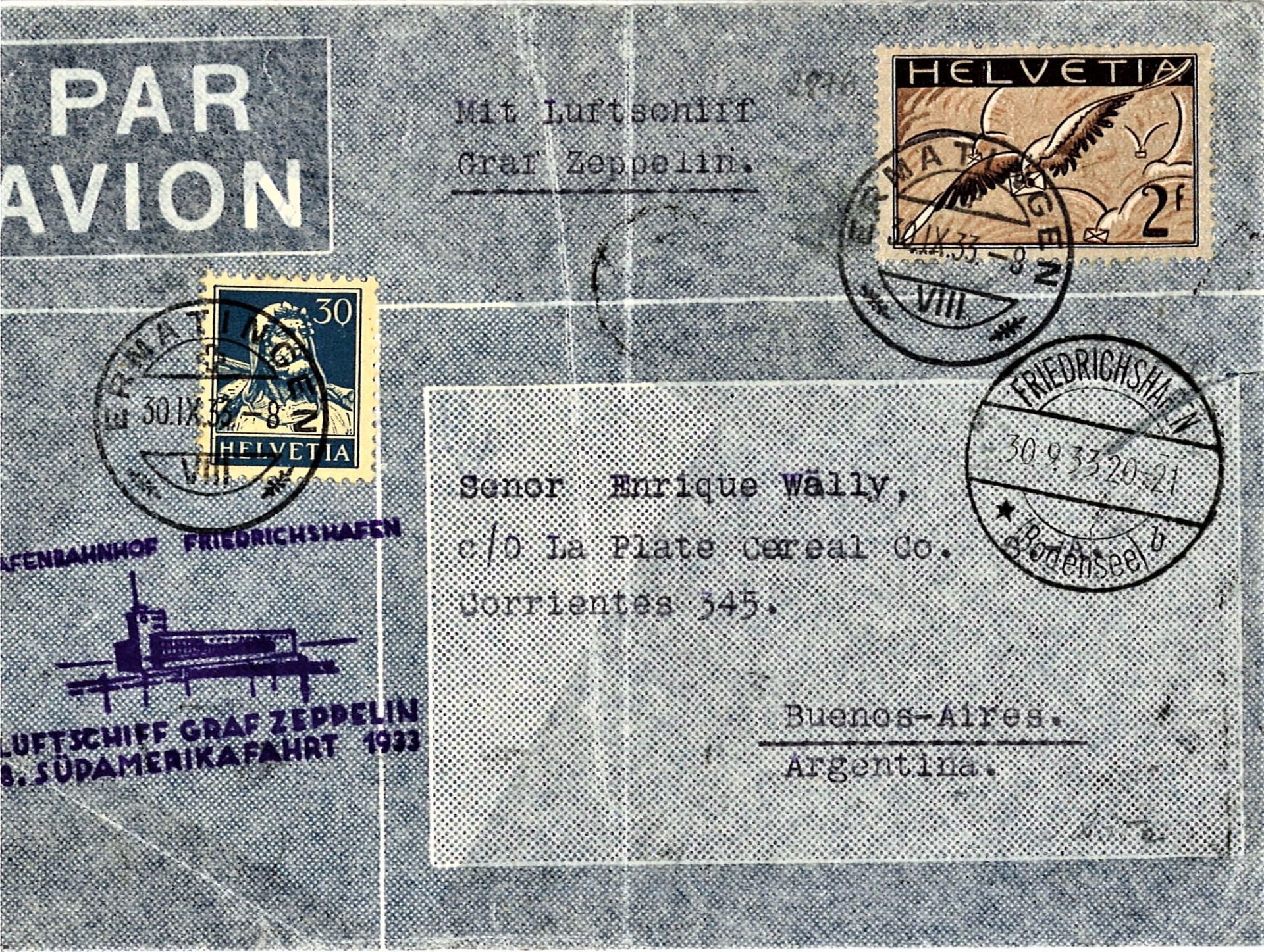 Zeppelinbrief "8.Südamerikafahrt 1933" Zuleitungspost von der Schweiz mit Flugpostmarke Michel Nr.