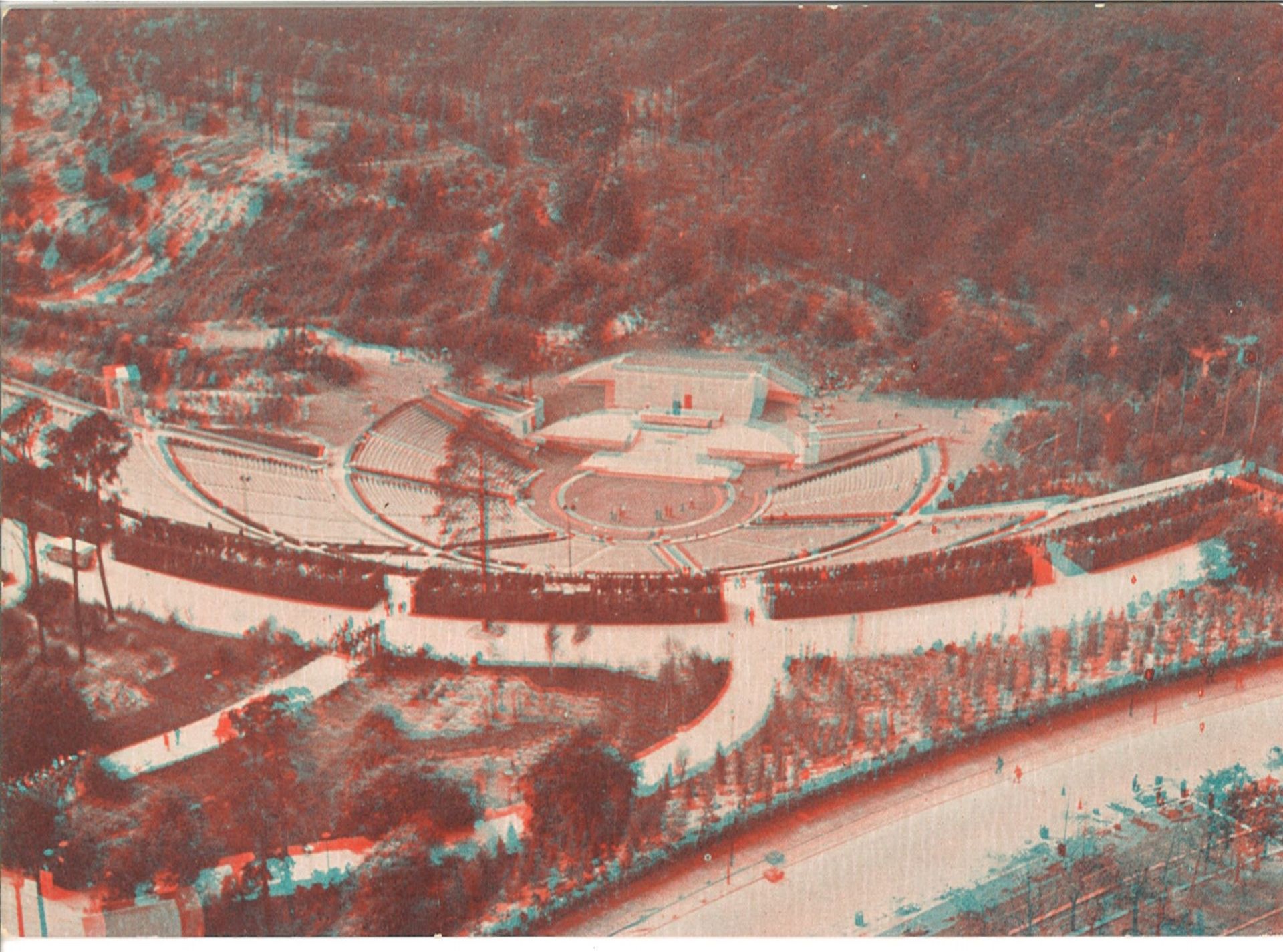 Olympiade 1936, 3D - Postkarte (Plastereoskop), Verlag Dreyer, "Dietrich - Eckart Freilichtbühne -
