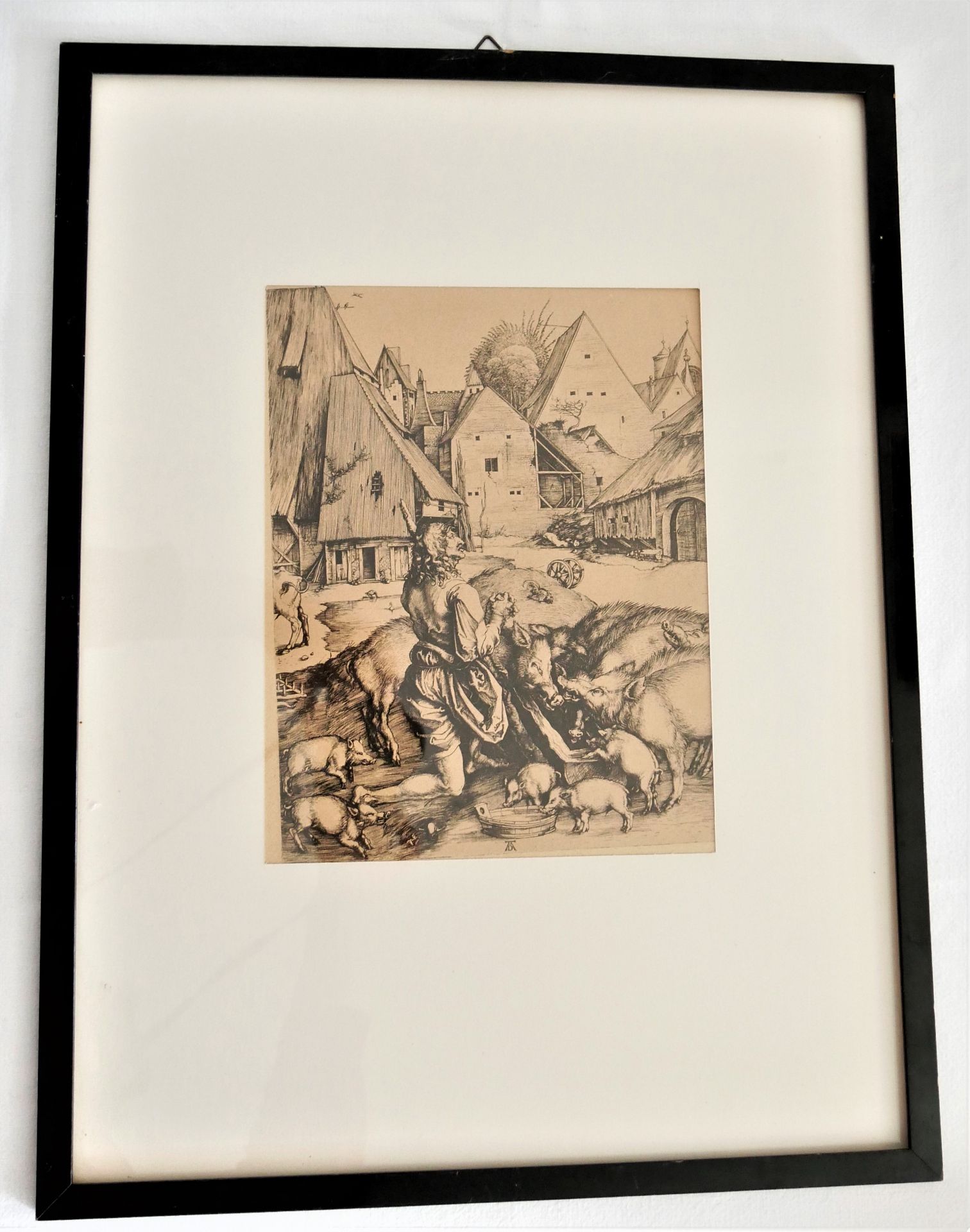 Albrecht Dürer Stich "Der verlorene Sohn", um 1900 gedruckt. Hinter Glas gerahmt, auf Karton