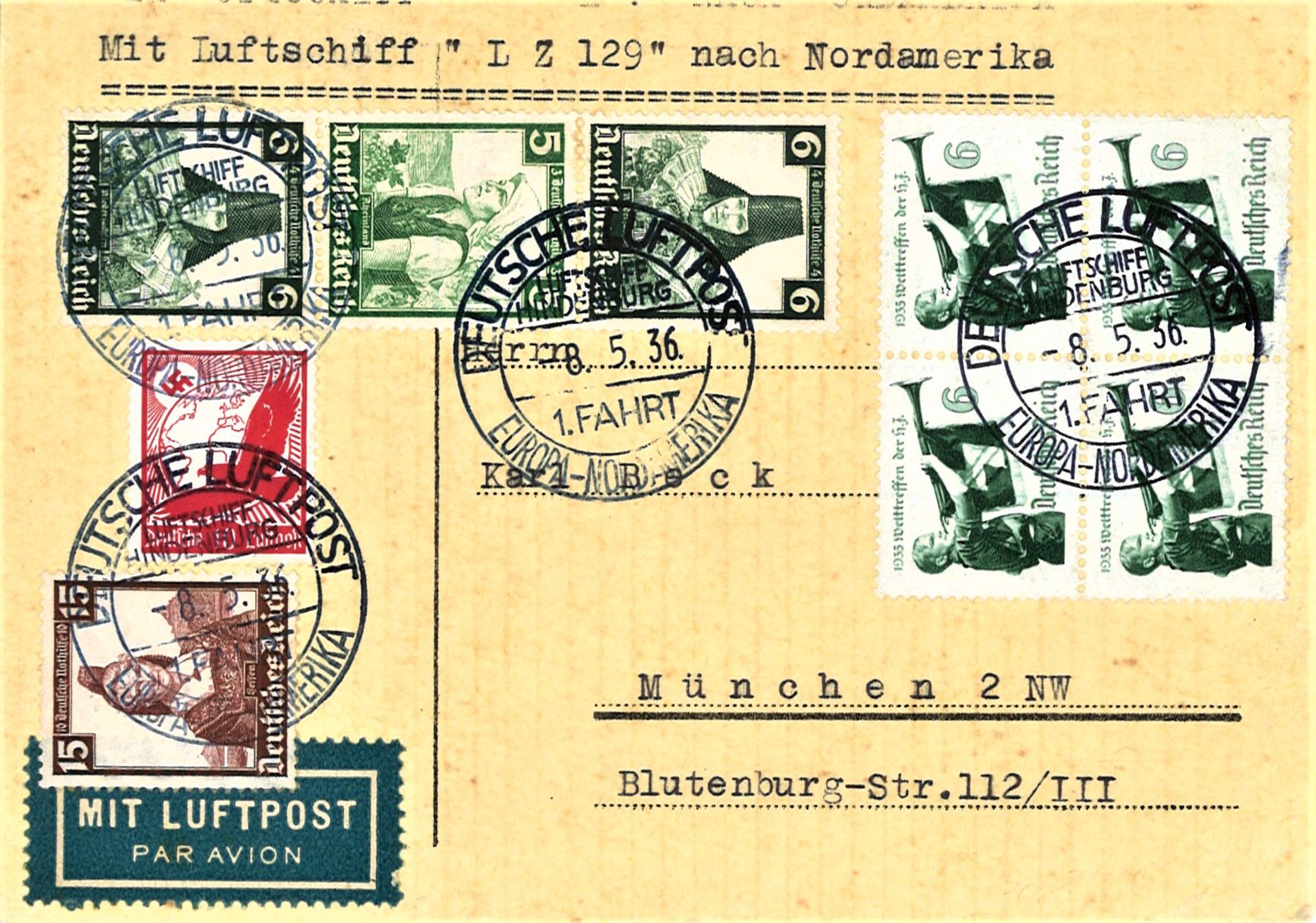 Postkarte 1. Nordamerika - Fahrt 1936, Bordpost mit guter Frankatur. Sieger 407 A.