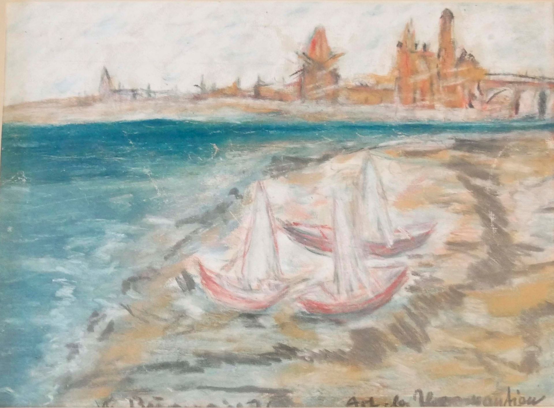 Wolfgang Burgmaier (Burgmair), Gouche / Aquarell auf Papier "Boote an der Küste", links unten - Bild 2 aus 3