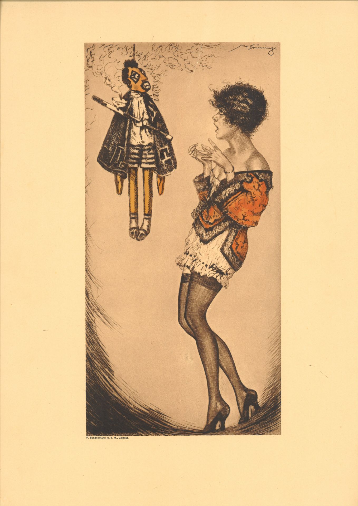 Max Brünning (1887-1968), Farbradierung "Junges Mädchen mit Marionette". Gesamtmaße des Blattes: