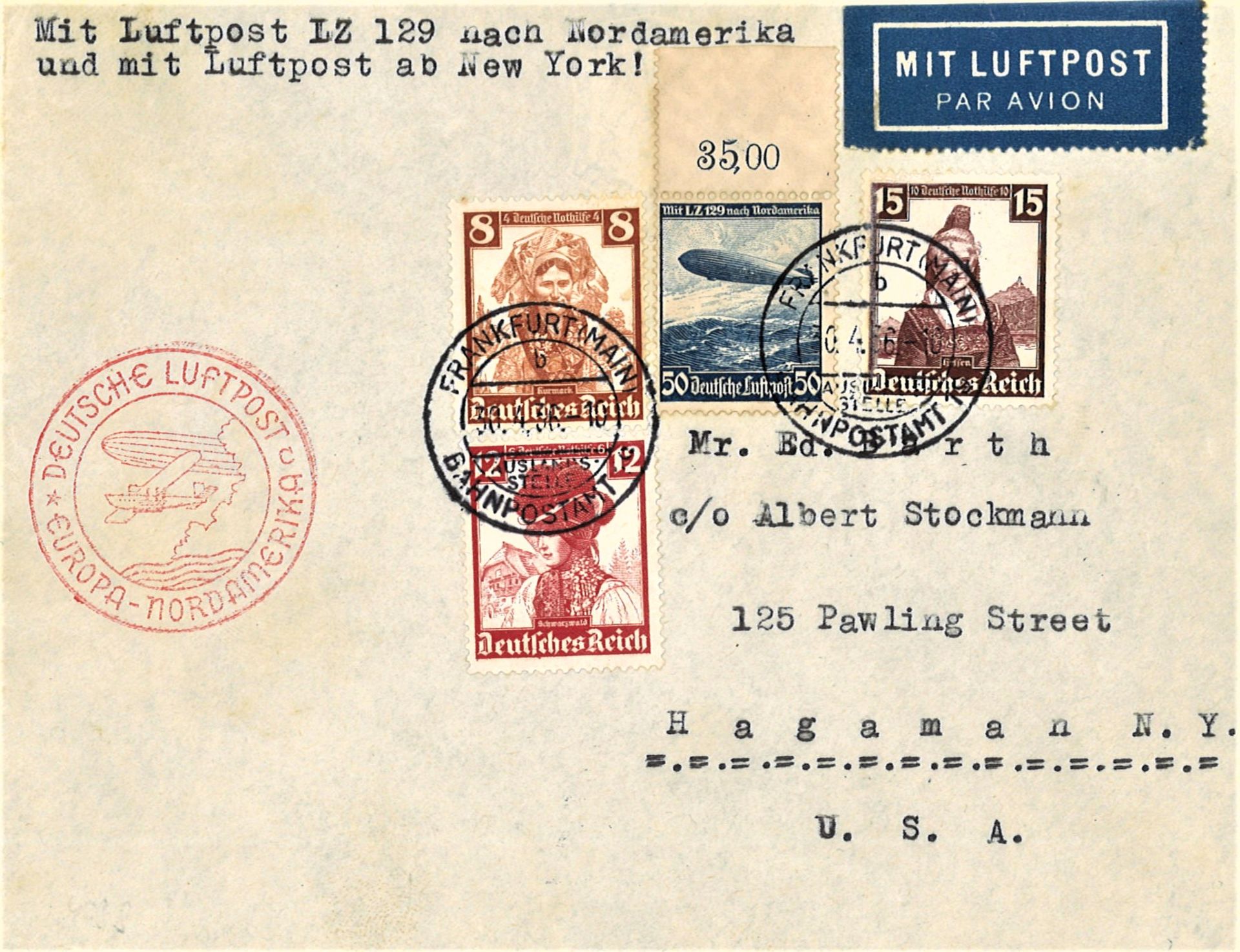 Brief 1. Nordamerika - Fahrt 1936 mit guter Frankatur. Sieger 406 C.