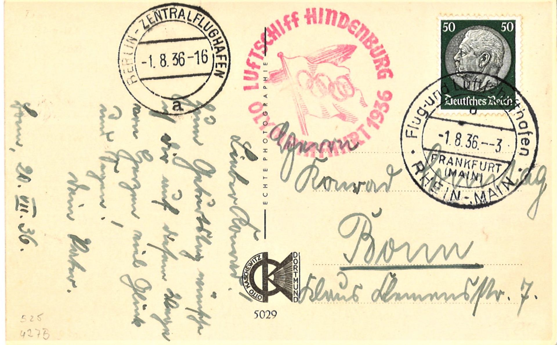 Olympiafahrt Karte mit EF "Hindenburg" 50 Pfennig, Flugstempel "d" Ank. St. "a". Sieger 427 B