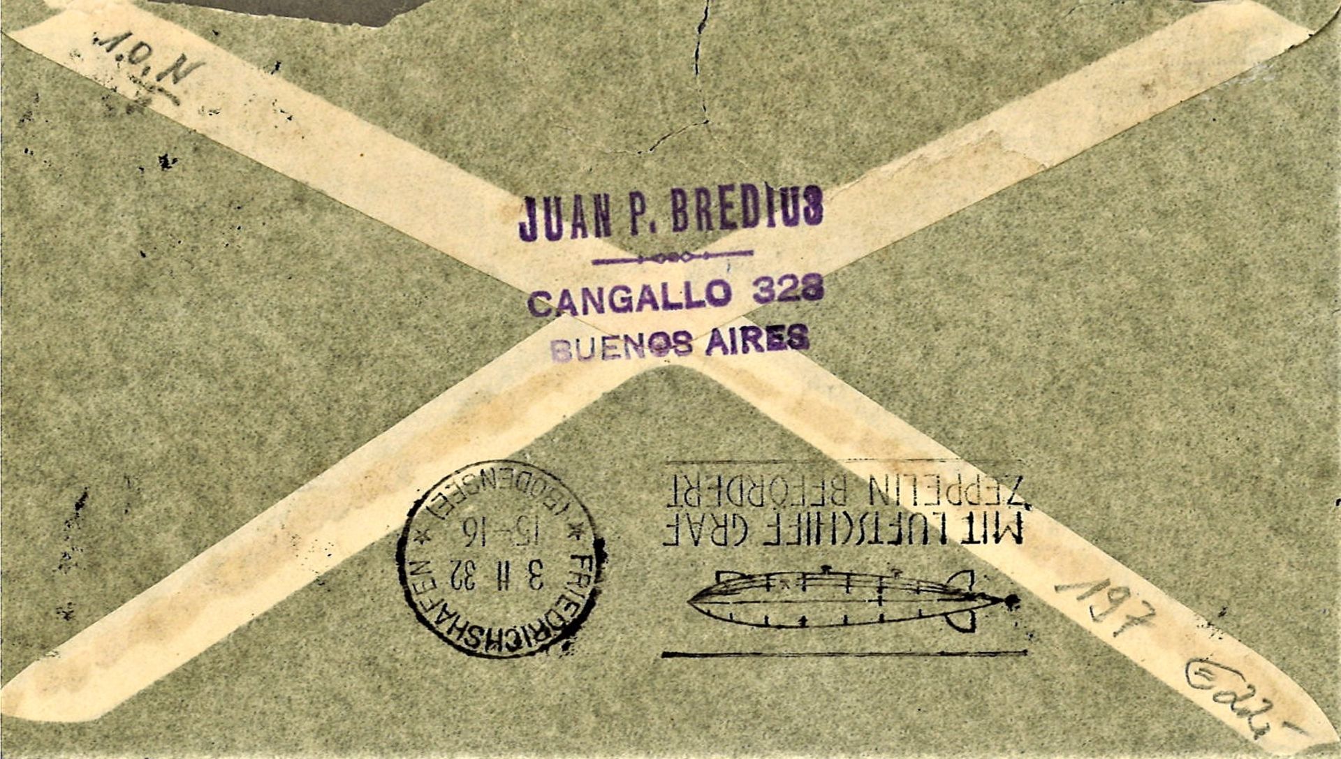 Zeppelinbrief, 9. Südamerikafahrt 1932, argentinische Post, mit Flug- und Zeppelinmarken - Image 2 of 2